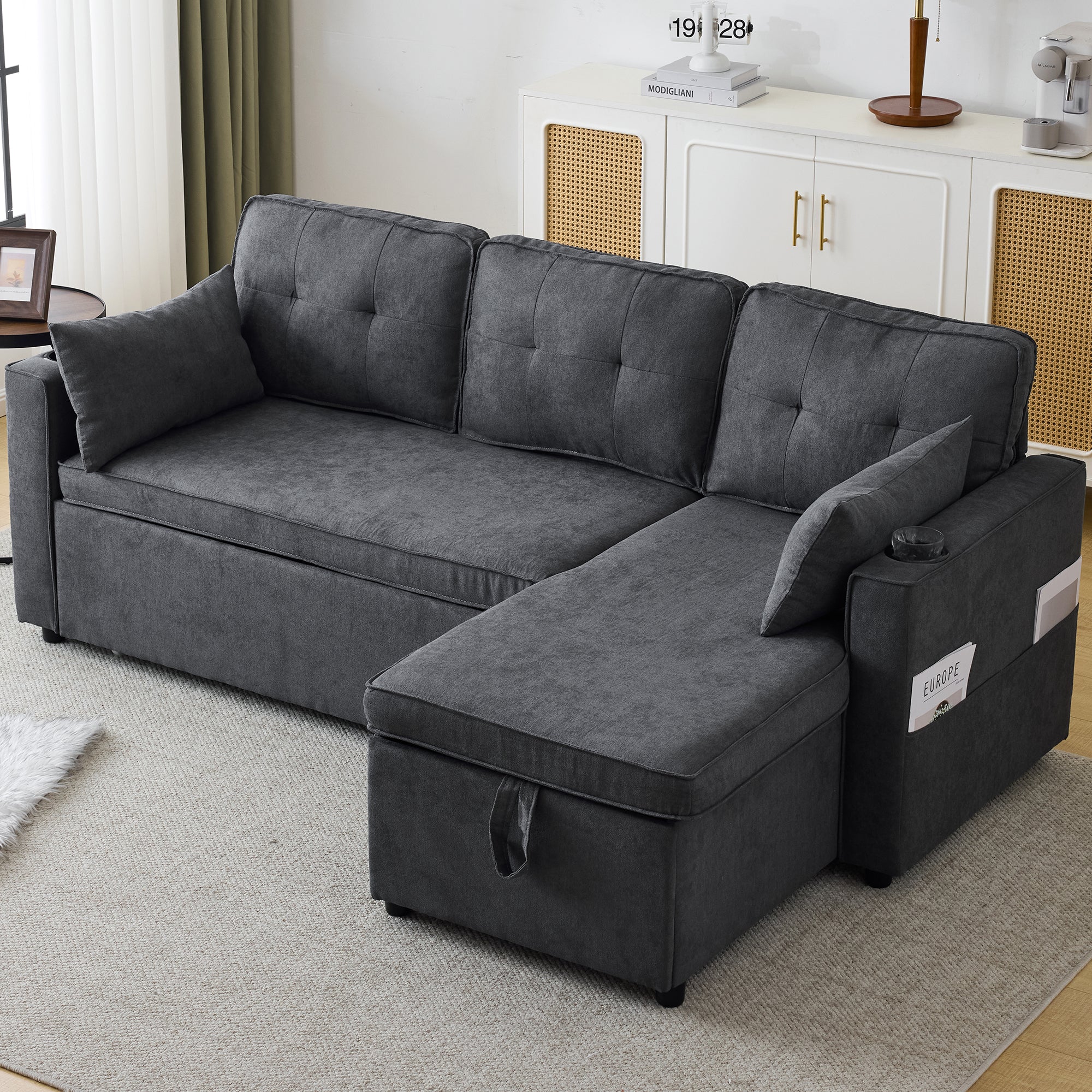 3-in-1 Convertible Sofa Bed with Storage Chaise, Cup Holders, Pillows - Grey - Image 2