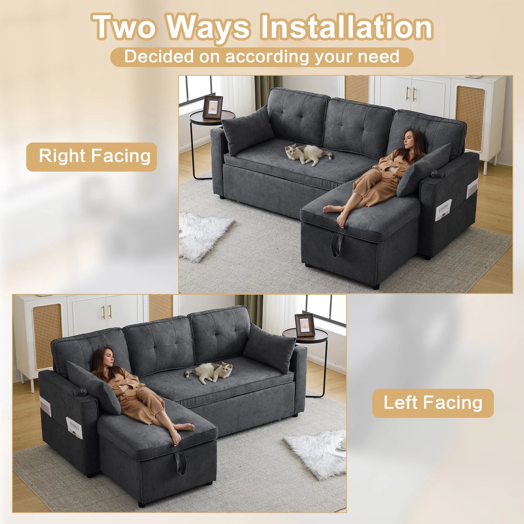 3-in-1 Convertible Sofa Bed with Storage Chaise, Cup Holders, Pillows - Grey - Image 8