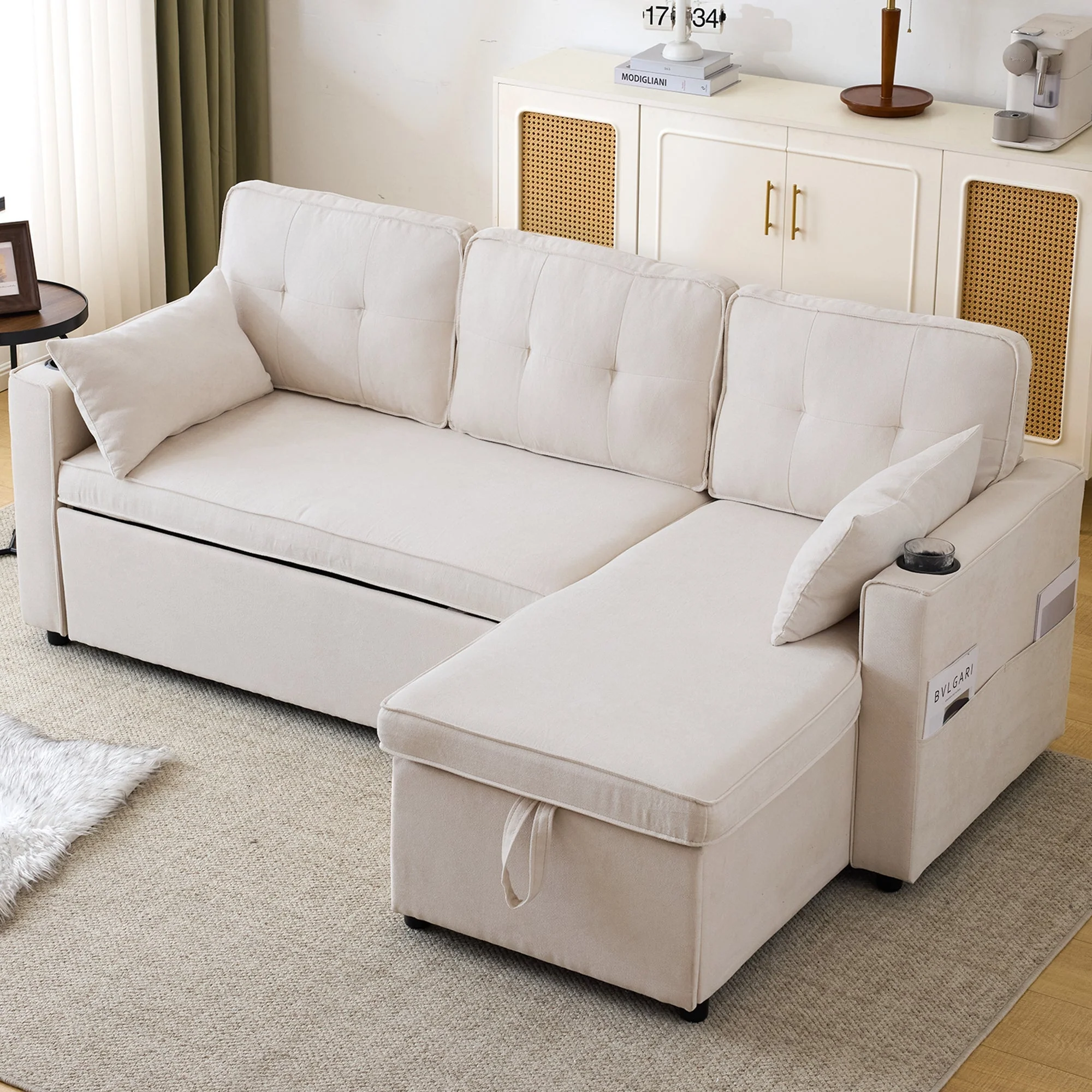 3-in-1 Convertible Sofa Bed with Storage Chaise, L-Shaped Sectional Daybed, Beige - Image 2
