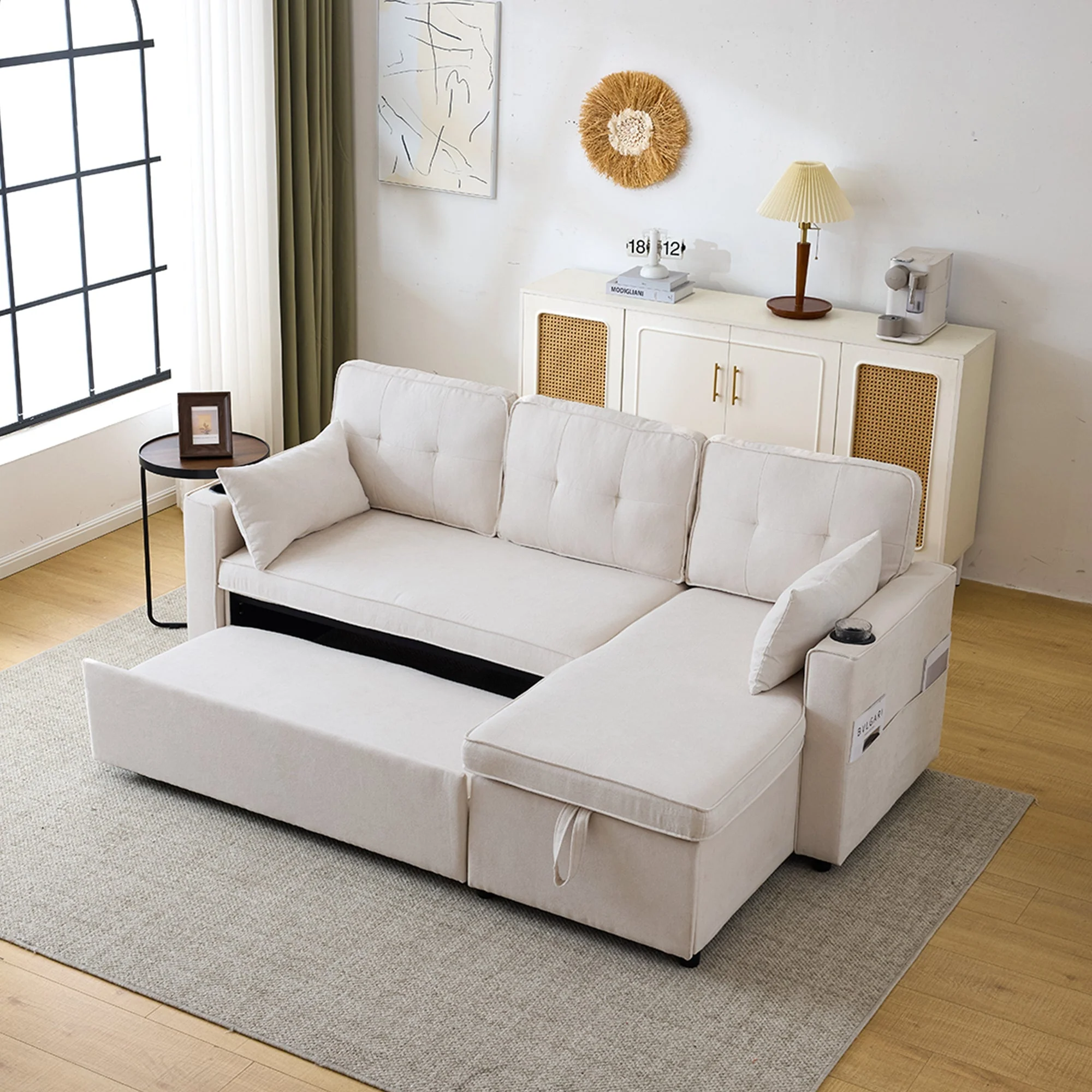 3-in-1 Convertible Sofa Bed with Storage Chaise, L-Shaped Sectional Daybed, Beige - Image 4