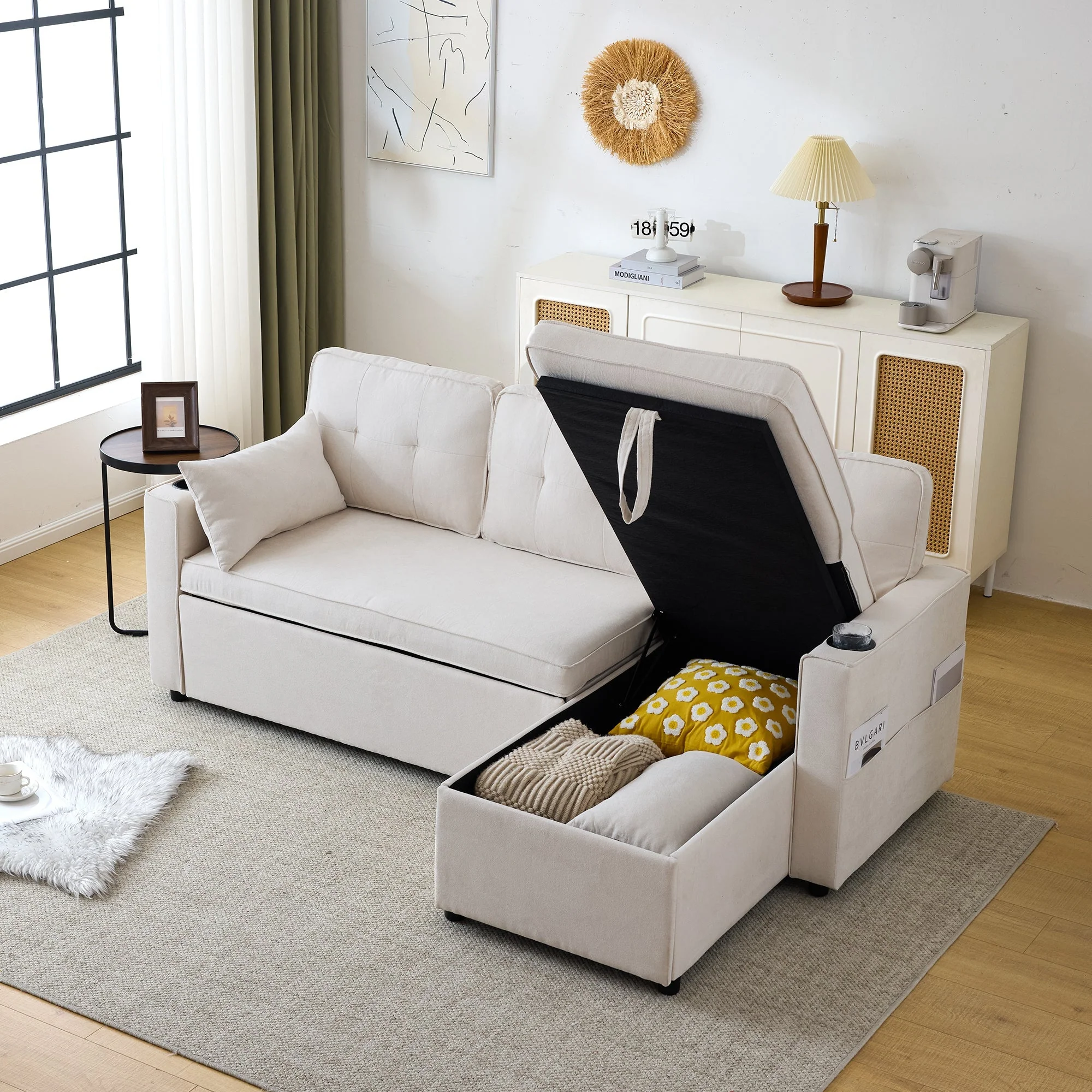 3-in-1 Convertible Sofa Bed with Storage Chaise, L-Shaped Sectional Daybed, Beige - Image 5