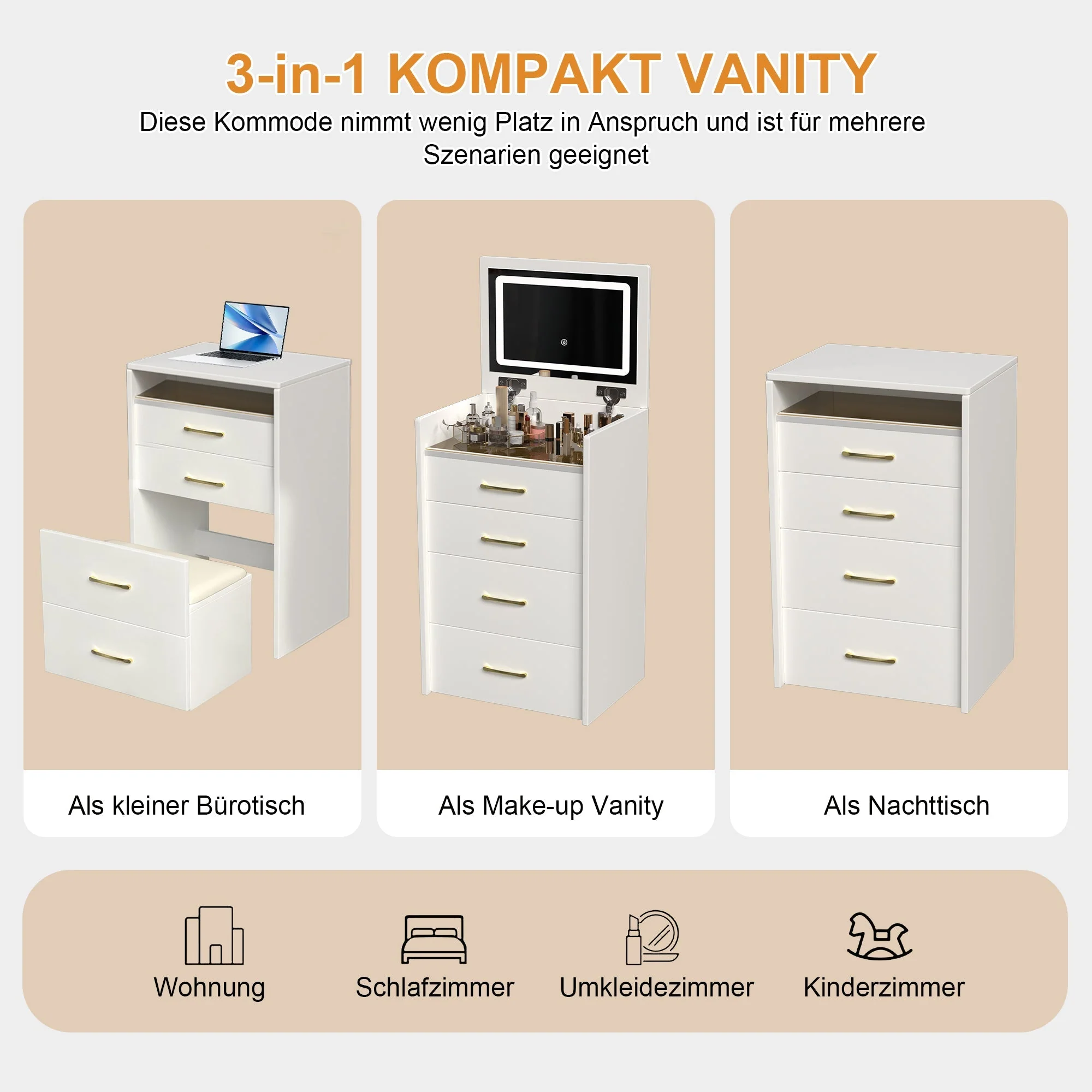 3-in-1 Dressing Table Set, Open Mirror 3 Drawers Compact W60cm, Clear Glass Top - Image 6