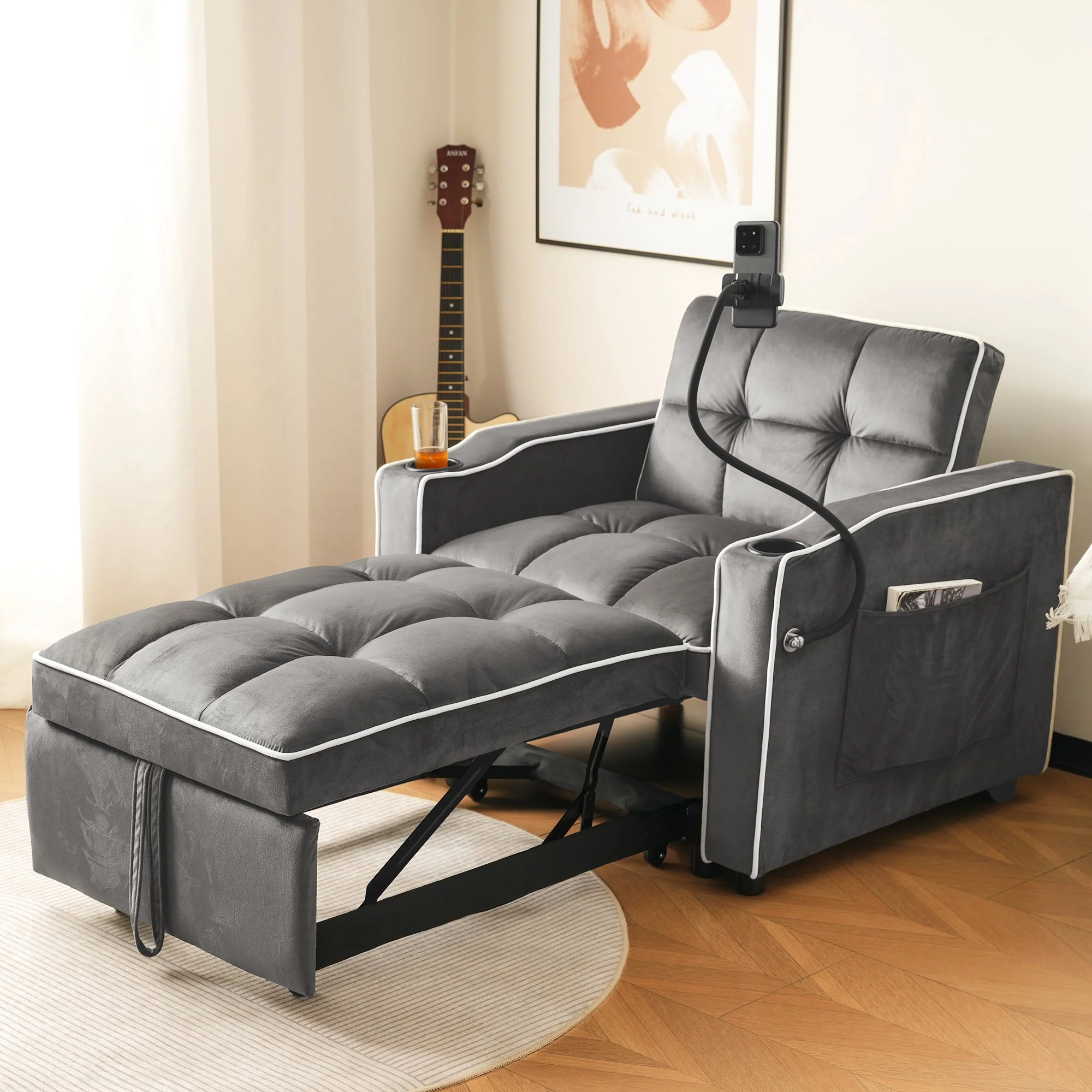 3-in-1 Expandable Single Sofa Bed with Drink Holders, Phone Holder, Sofa Recliner, Sleeper Chair, Armchair, for Small Spaces, Velvet Feel Fabric - Image 2