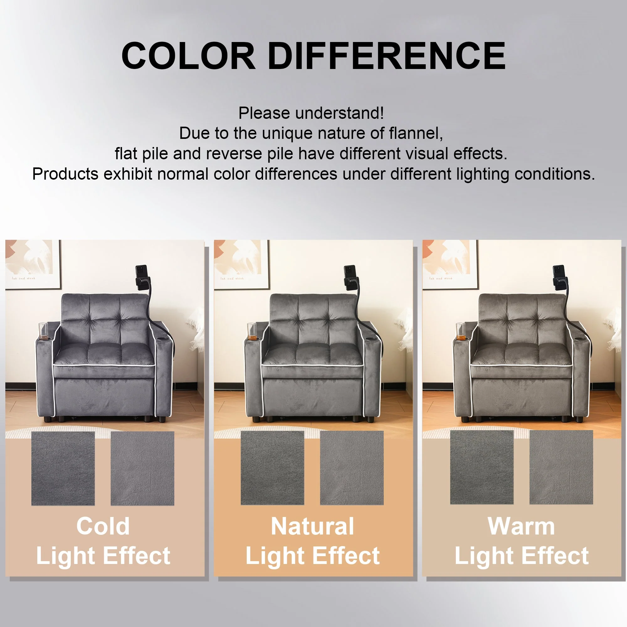 3-in-1 Expandable Single Sofa Bed with Drink Holders, Phone Holder, Sofa Recliner, Sleeper Chair, Armchair, for Small Spaces, Velvet Feel Fabric - Image 5