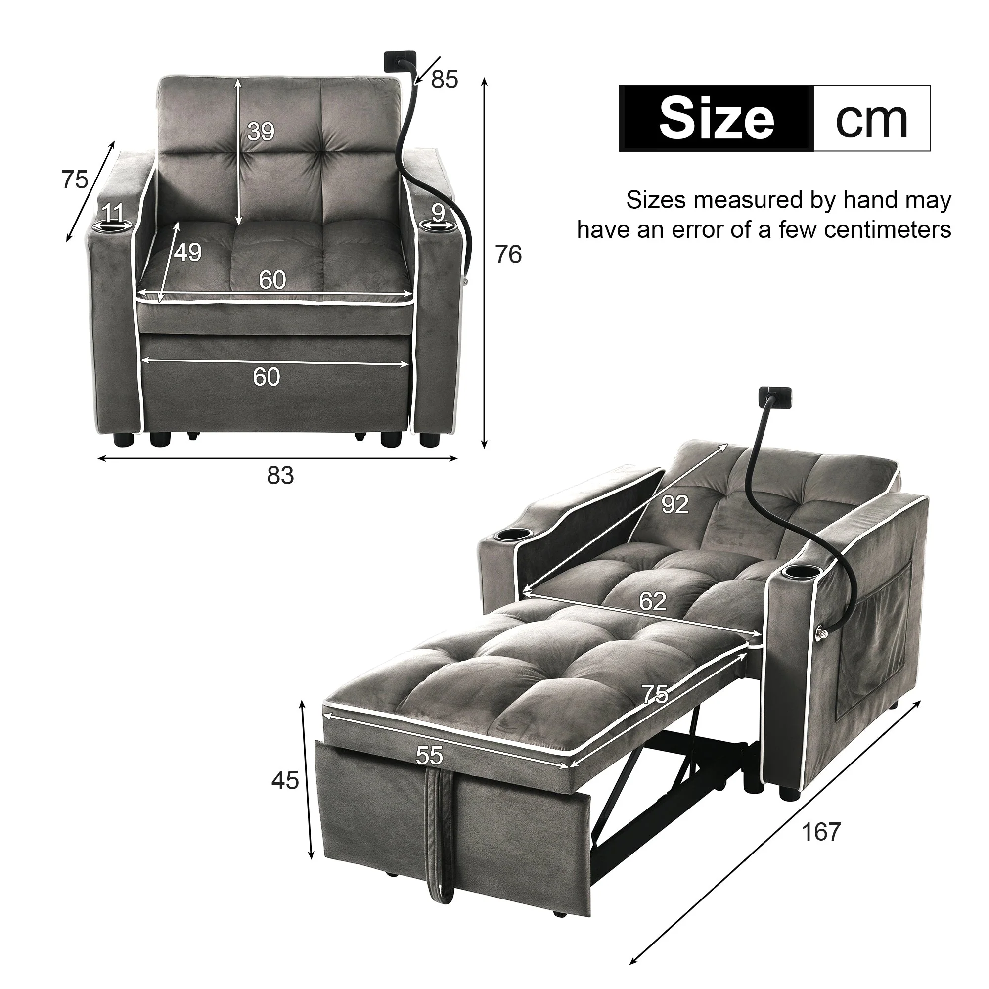 3-in-1 Expandable Single Sofa Bed with Drink Holders, Phone Holder, Sofa Recliner, Sleeper Chair, Armchair, for Small Spaces, Velvet Feel Fabric - Image 6