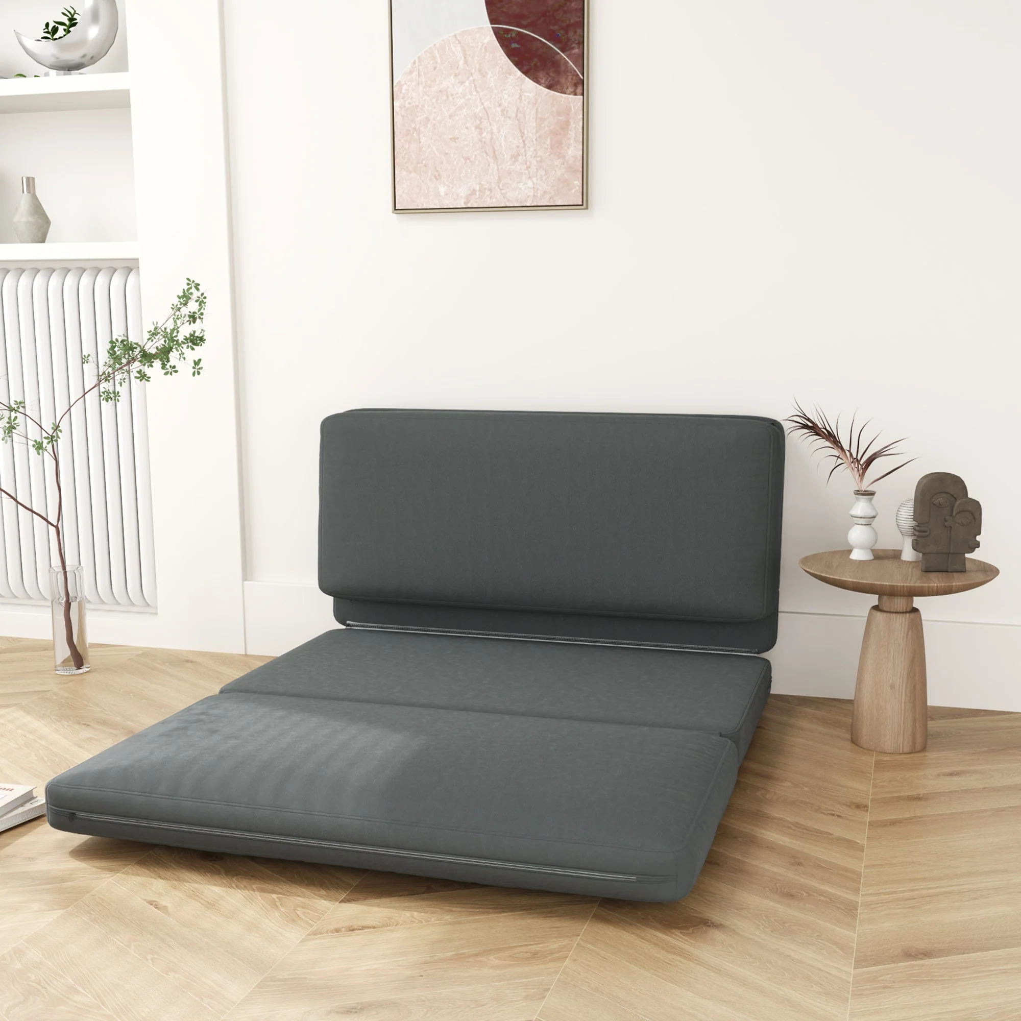 3-in-1 Folding Sofa Bed, Velvet, Dark Grey - Image 3
