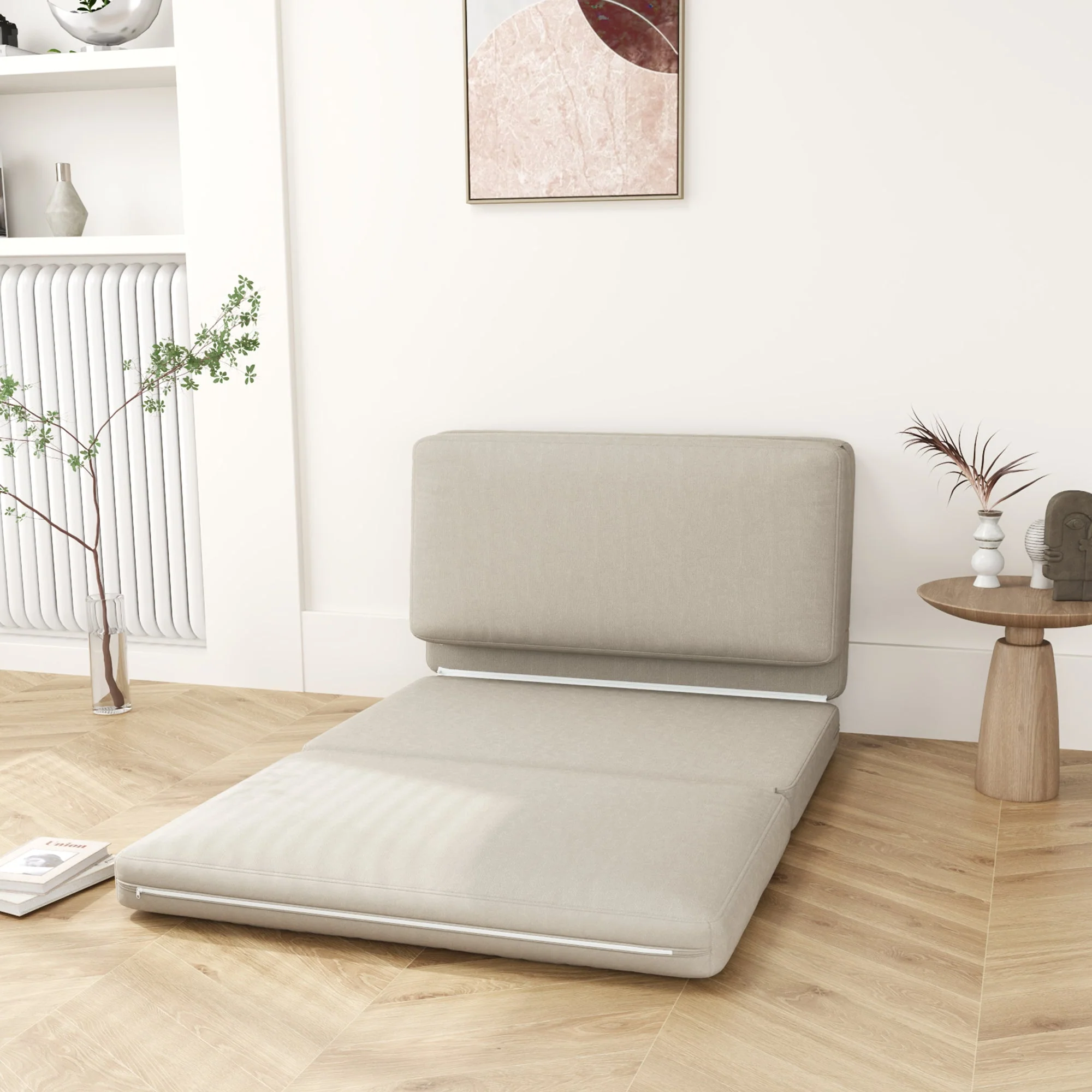 3-in-1 Folding Sofa Bed, Velvet Upholstered with Storage, Beige - Image 3