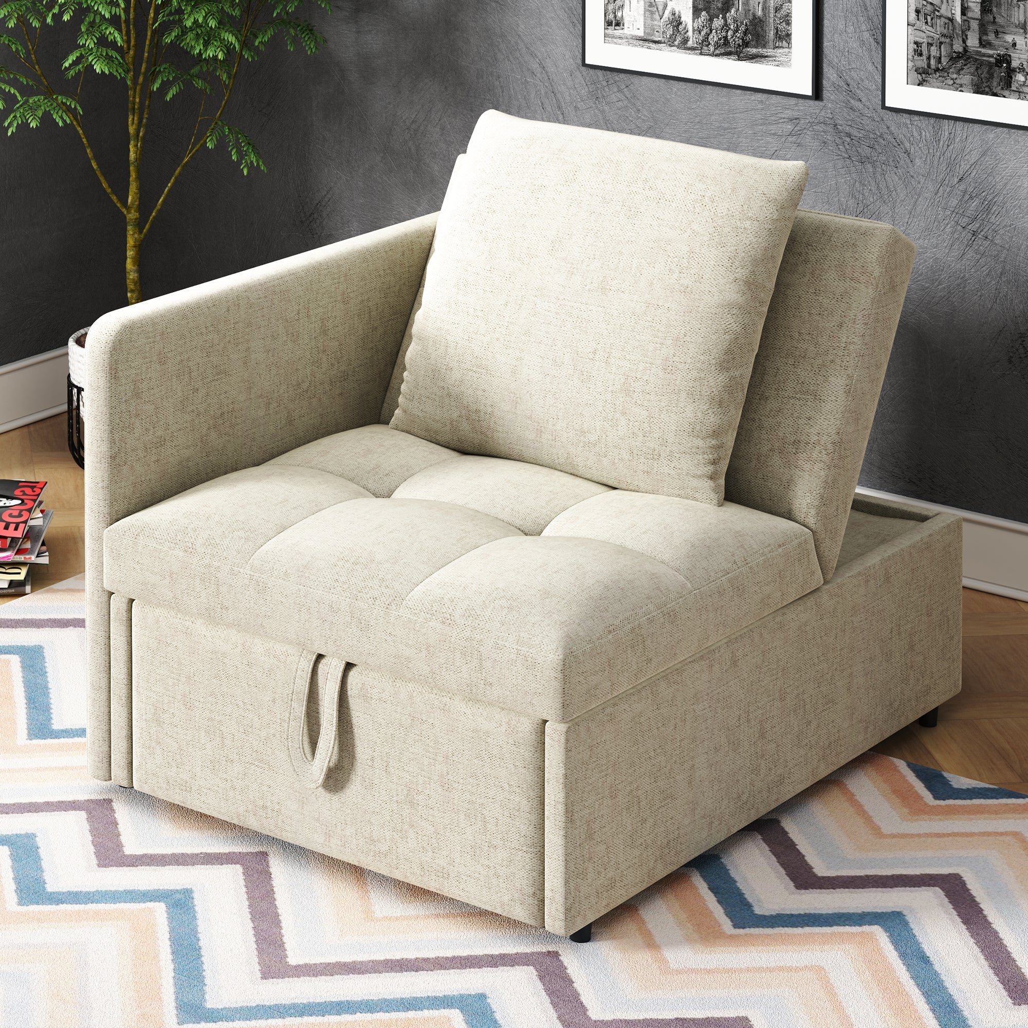 3-in-1 Multifunctional Sofa Bed, Space-Saving Sleeper with Linen Fabric, Grey/Beige - Image 6