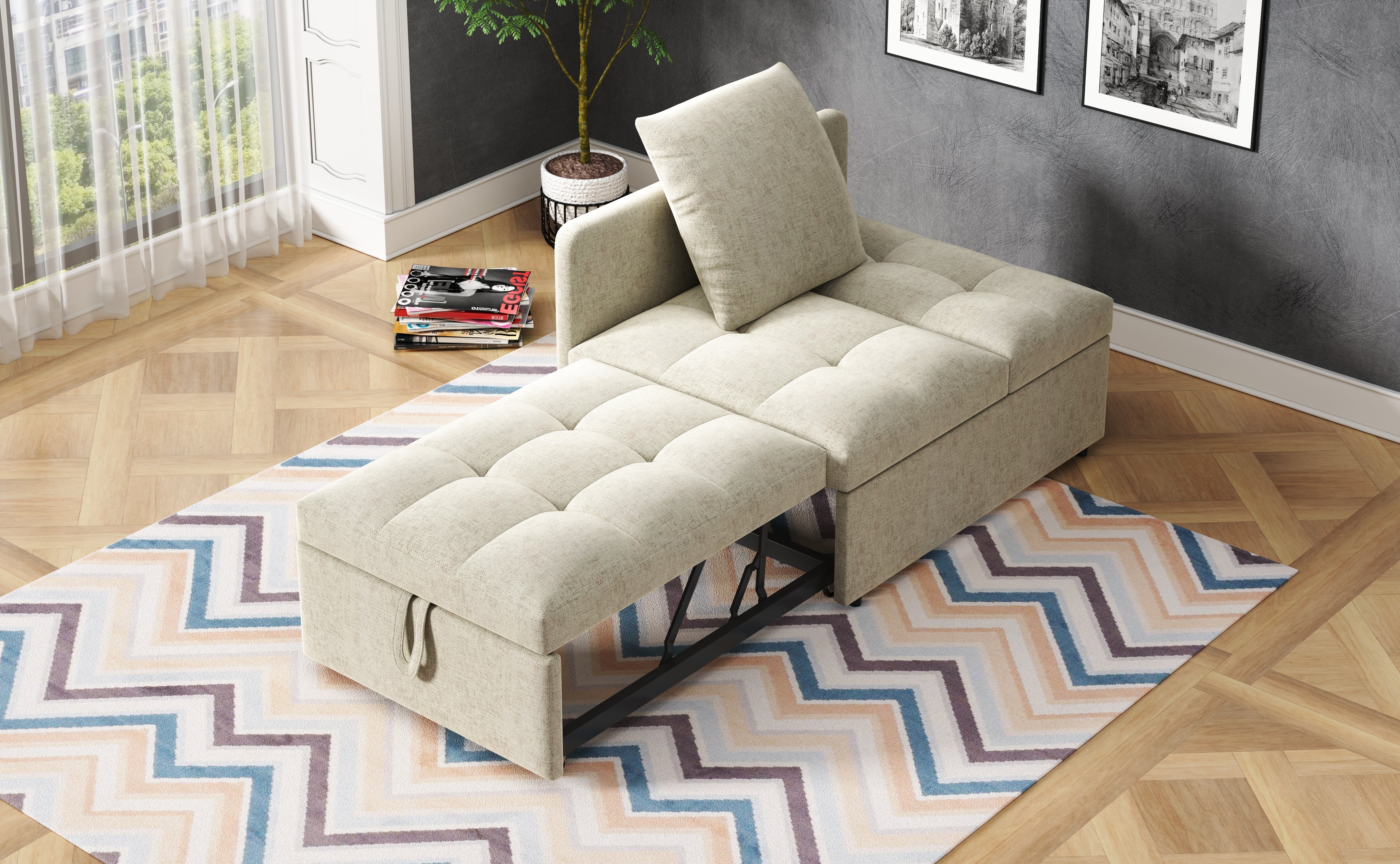3-in-1 Multifunctional Sofa Bed, Space-Saving Sleeper with Linen Fabric, Grey/Beige - Image 9
