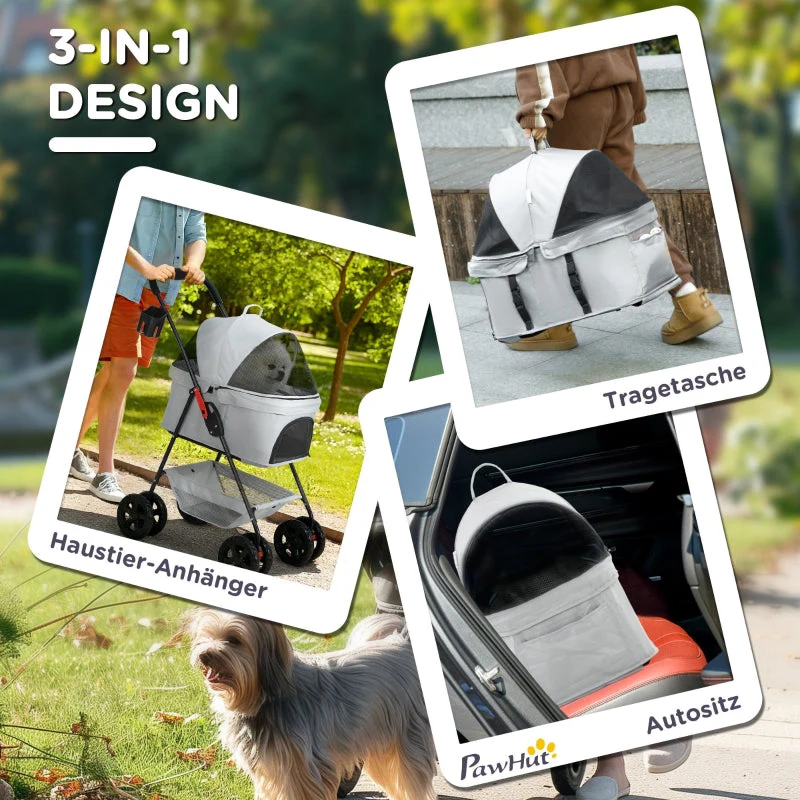 3-in-1 Pet Stroller, Folding Dog Cart with Removable Carrier, Grey - Image 4