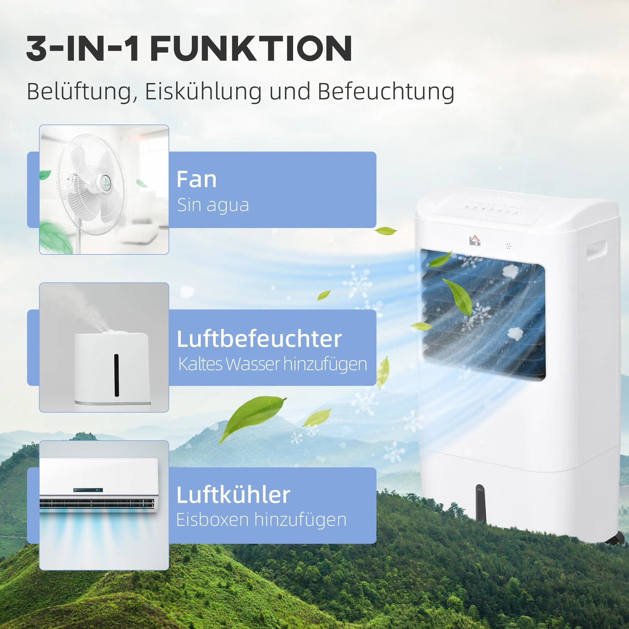 3-in-1 Portable Air Conditioner Humidifier Water Cooling 15L White - Image 5