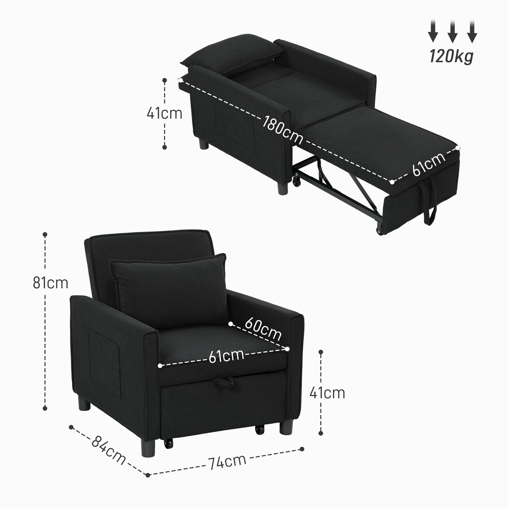 3-in-1 Sleeper Chair Folding Bed Recliner Adjustable Support Corduroy Black - Image 4