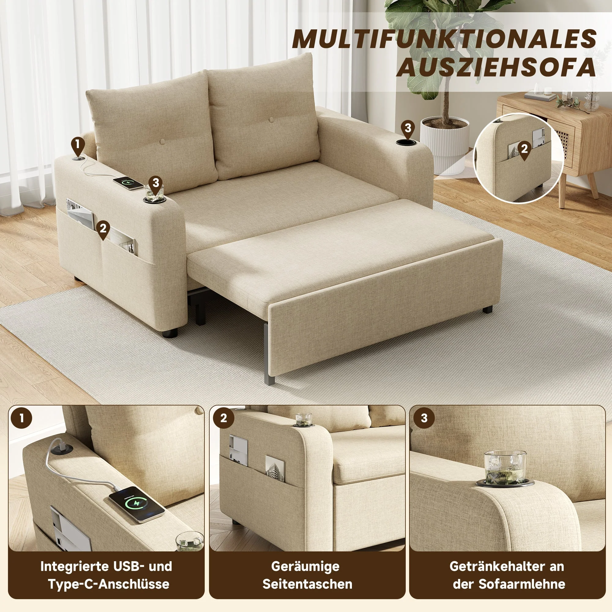 3-in-1 Sleeper Sofa with Pull-Out Bed, Cup Holder, USB Port and Side Pockets, Beige Cotton Linen - Image 5