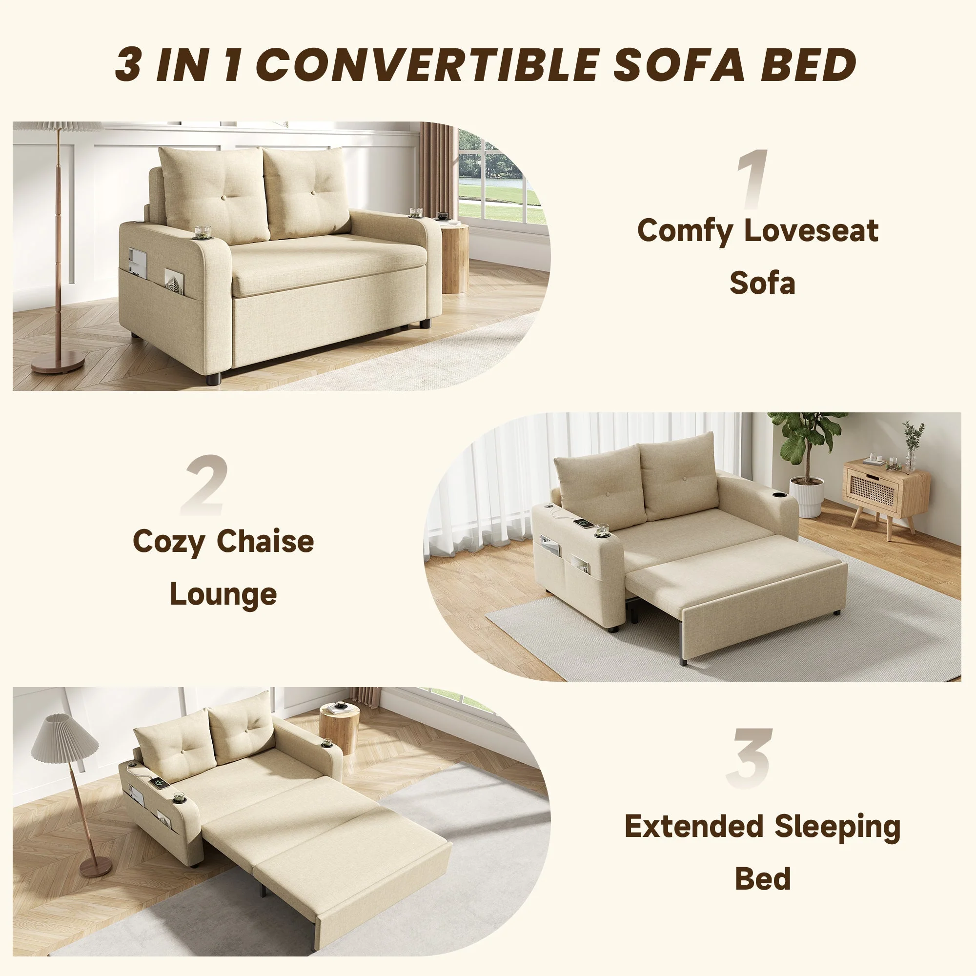 3-in-1 Sleeper Sofa with Pull-Out Bed, Cup Holder, USB Port and Side Pockets, Beige Cotton Linen - Image 8