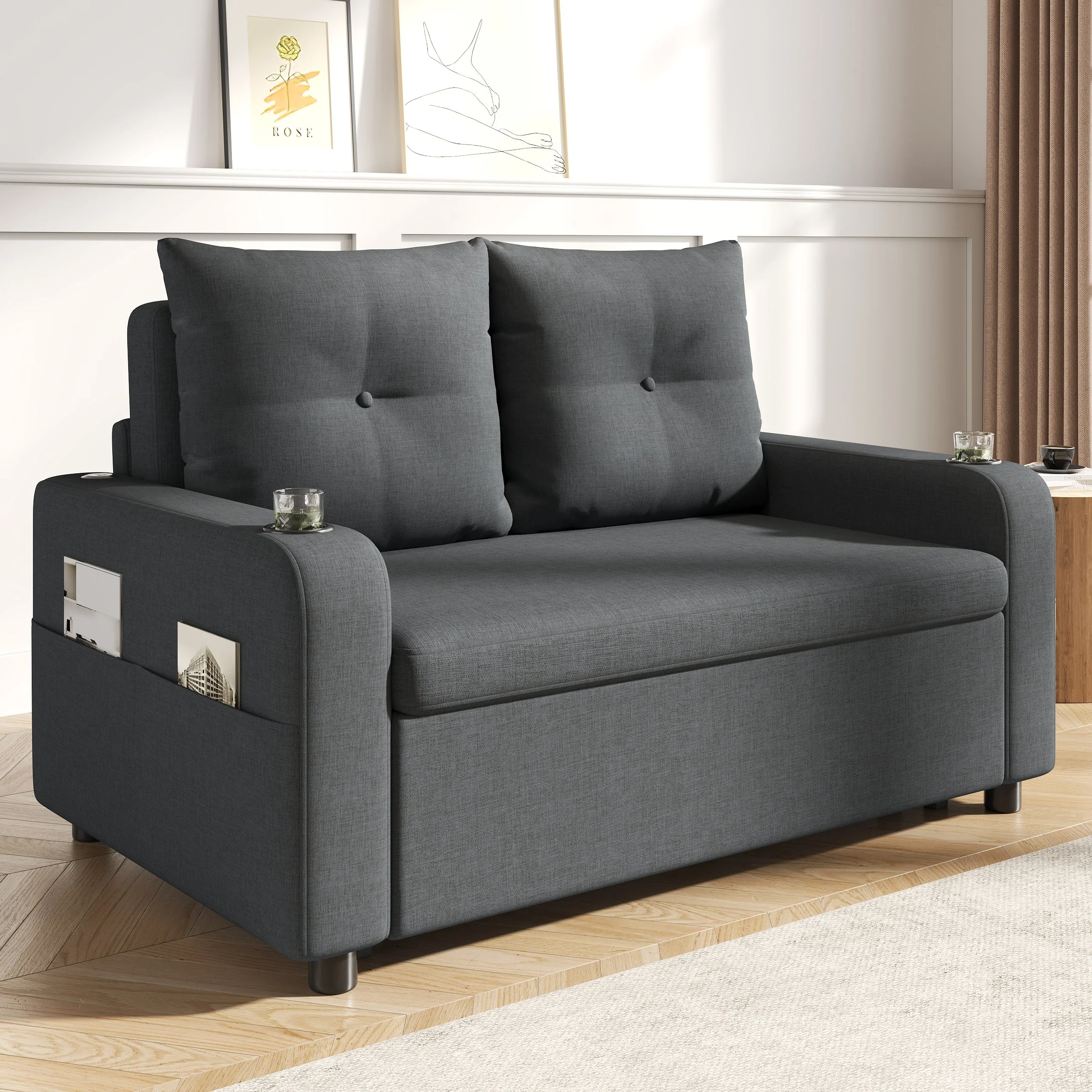 3-in-1 Sleeper Sofa with Pull-Out Bed, Cup Holder, USB Port and Side Pockets, Grey - Image 2