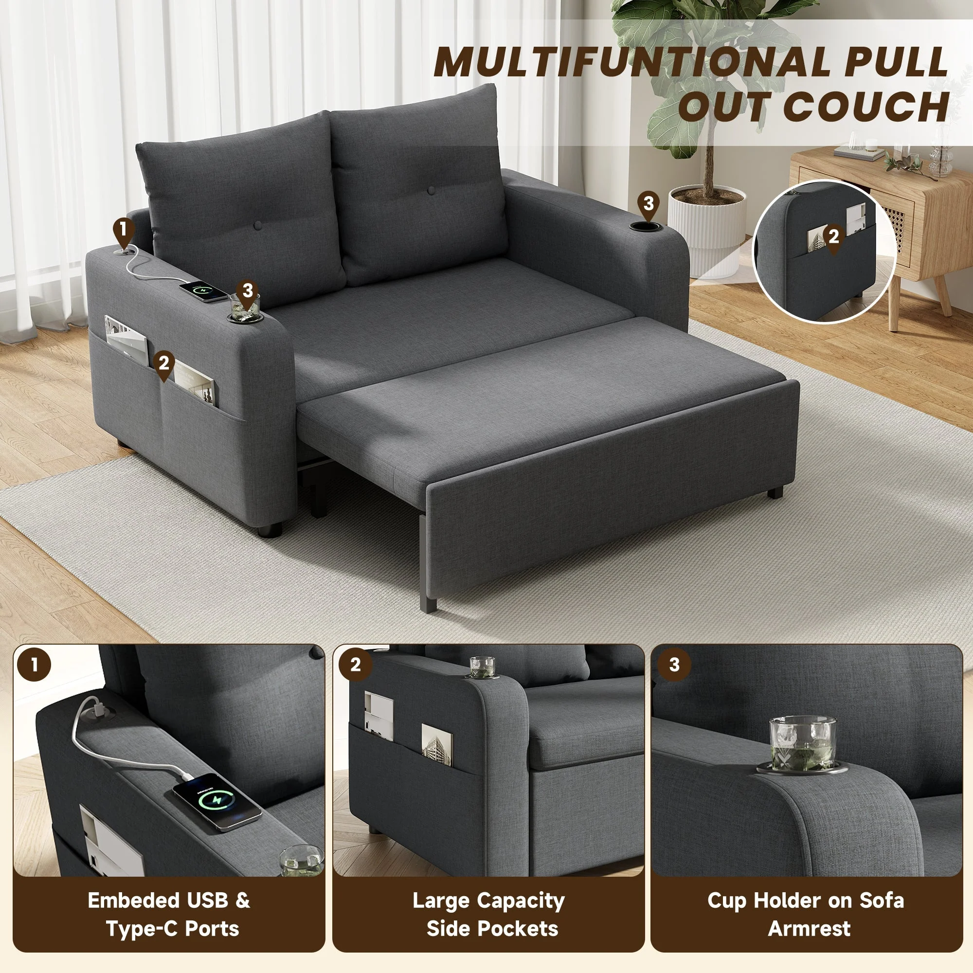 3-in-1 Sleeper Sofa with Pull-Out Bed, Cup Holder, USB Port and Side Pockets, Grey - Image 7