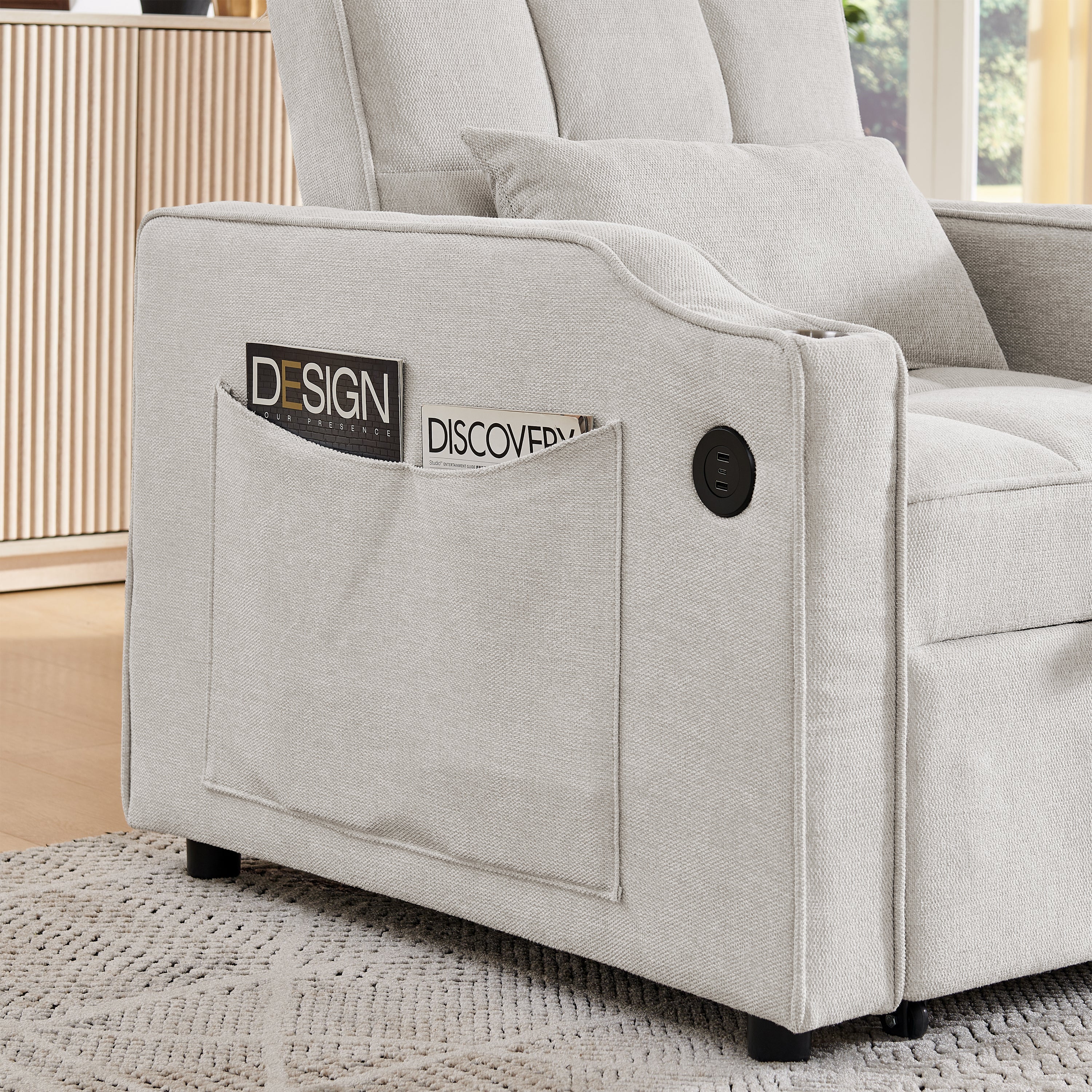 3-in-1 Sofa Bed Slide-to-Transform USB Charging - Beige - Image 4