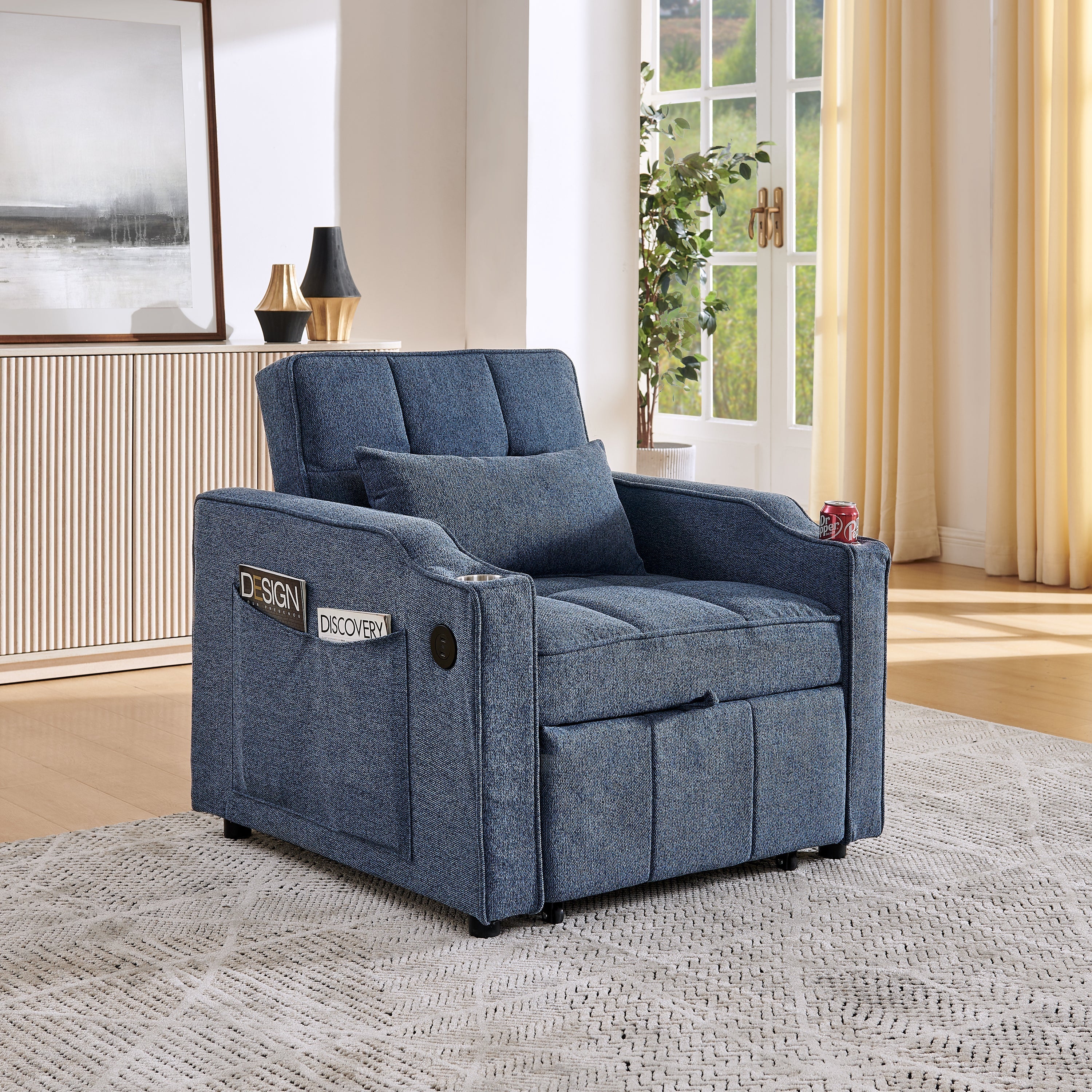 3-in-1 Sofa Bed with Slide-to-Transform Design and USB Charging, Navy Blue - Image 3