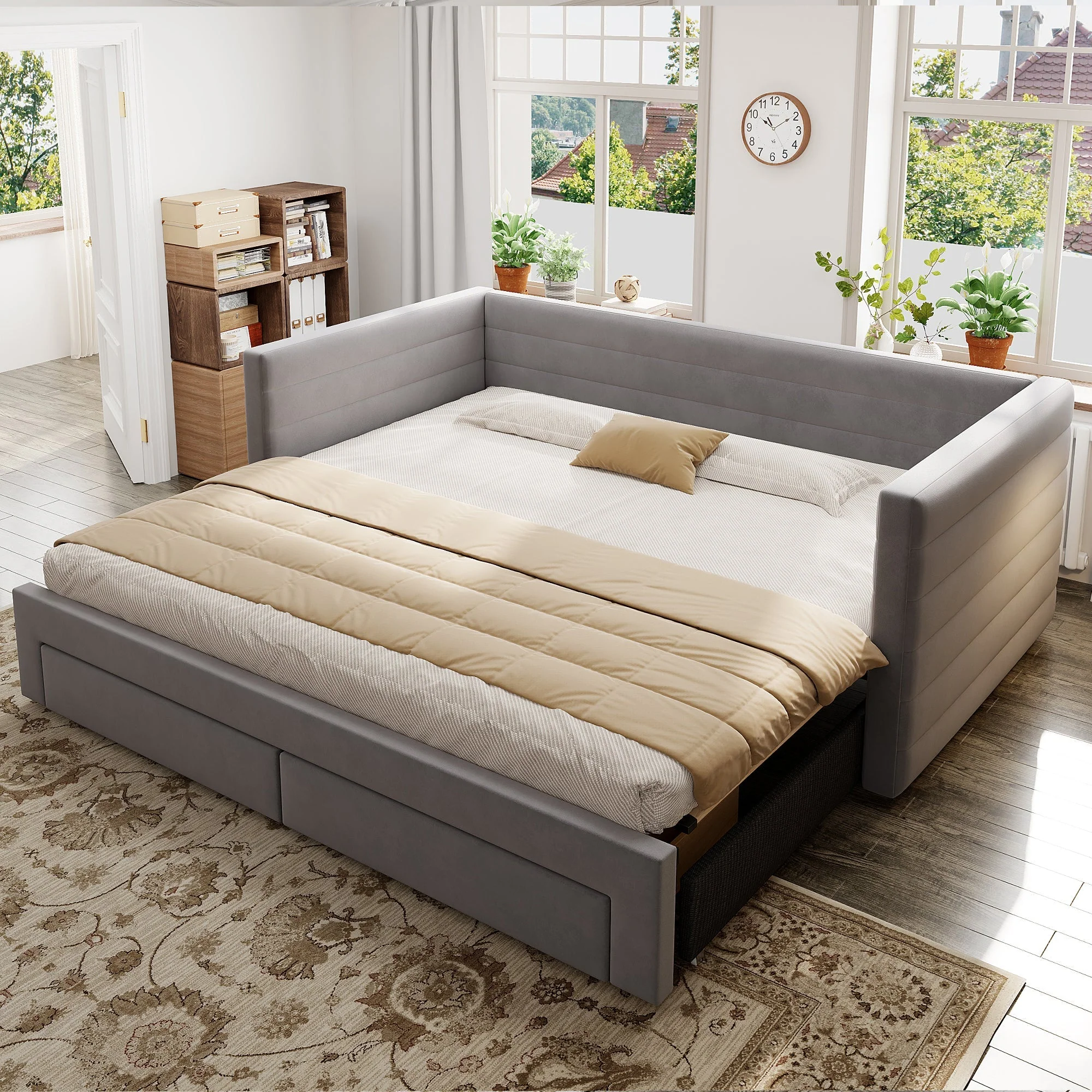 3-in-1 Upholstered Sofa Bed, Extendable with Drawers and Slatted Base, Grey Cotton and Linen - Image 2