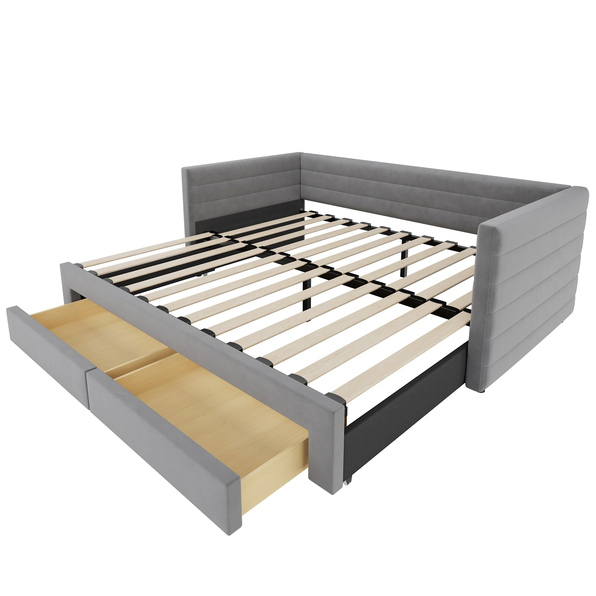 3-in-1 Upholstered Sofa Bed, Extendable with Drawers and Slatted Base, Grey Cotton and Linen - Image 4