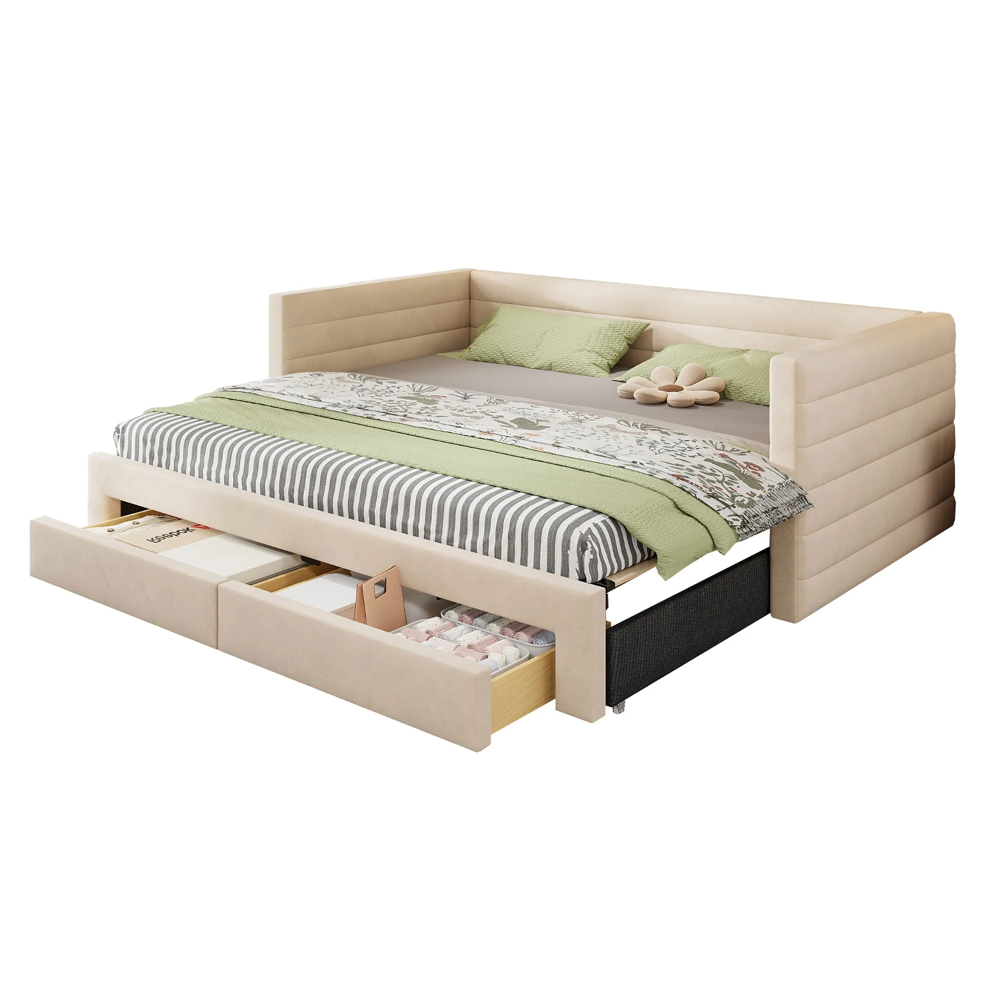 3-in-1 Upholstered Sofa Bed with Drawers and Slatted Base, Cotton and Linen, Beige - Image 8