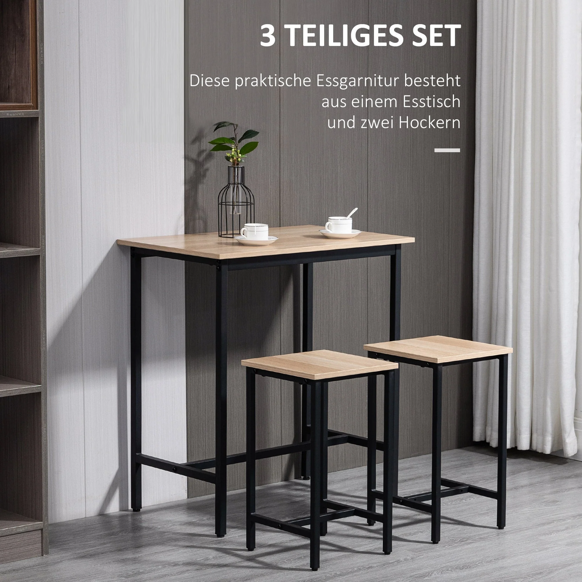 3-Piece Dining Set, Balcony & Garden, Natural Wood Look & Black - Image 4