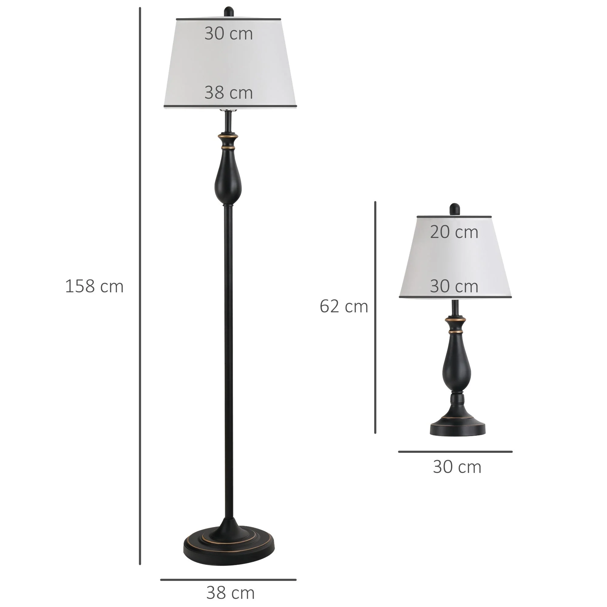 3-Piece Lamp Set, Vintage Table Floor Lamp, Metal and Cotton - Image 3