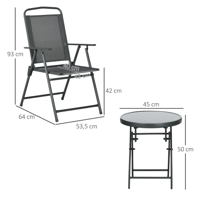 3-Piece Metal Bistro Set Folding Glass Table & Chairs - Dark Grey - Image 3