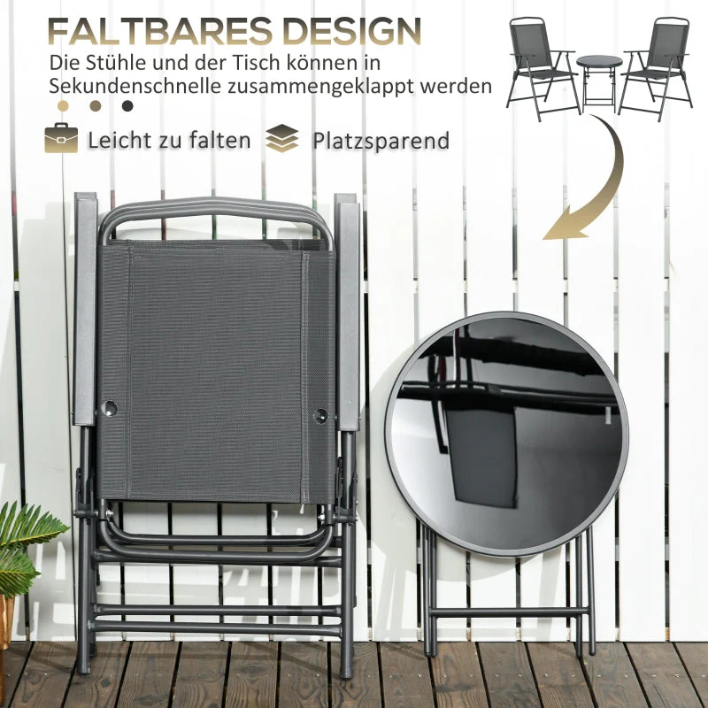 3-Piece Metal Bistro Set Folding Glass Table & Chairs - Dark Grey - Image 4