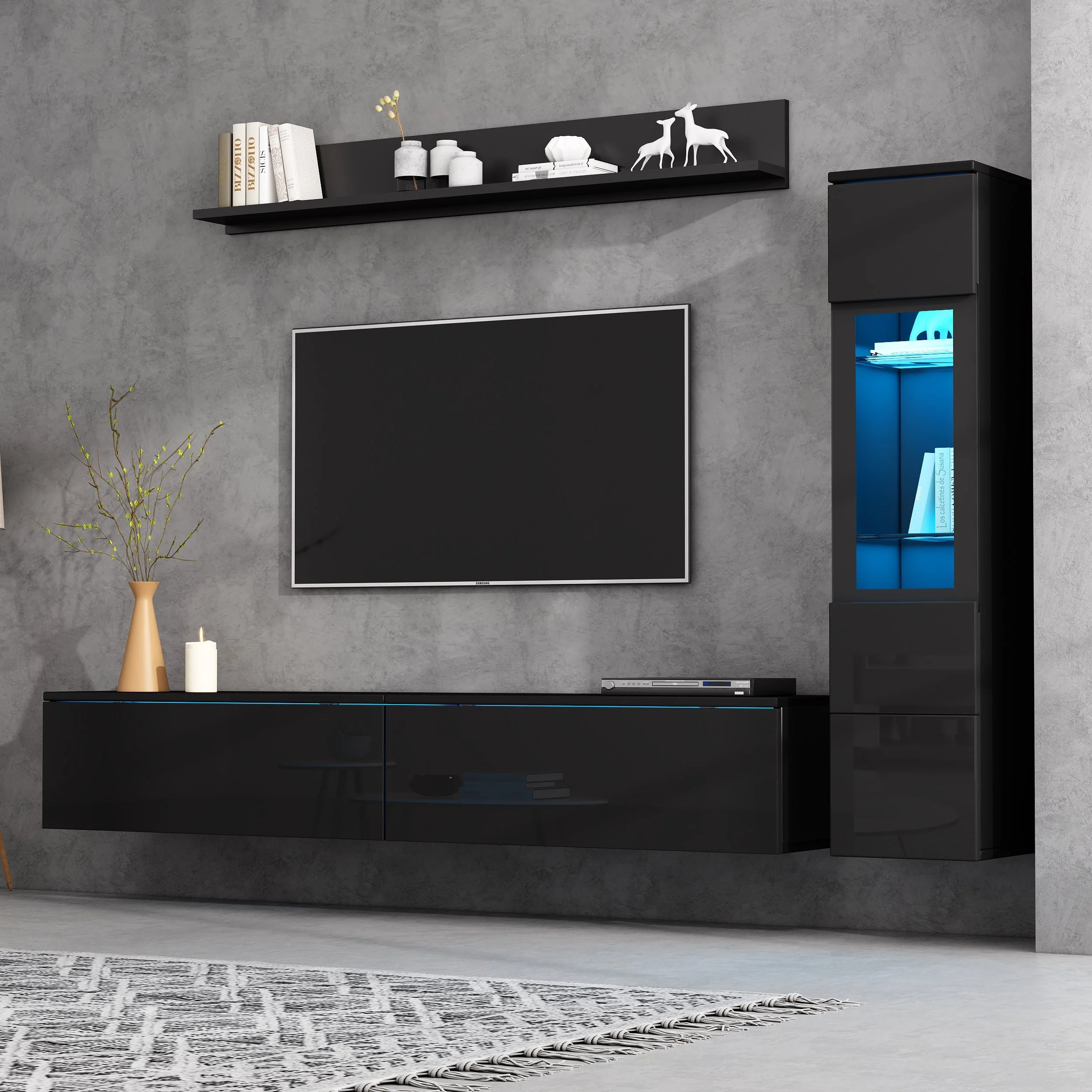 3-Piece TV Wall Unit Set High-Gloss LED Display Cabinet & Shelf Black