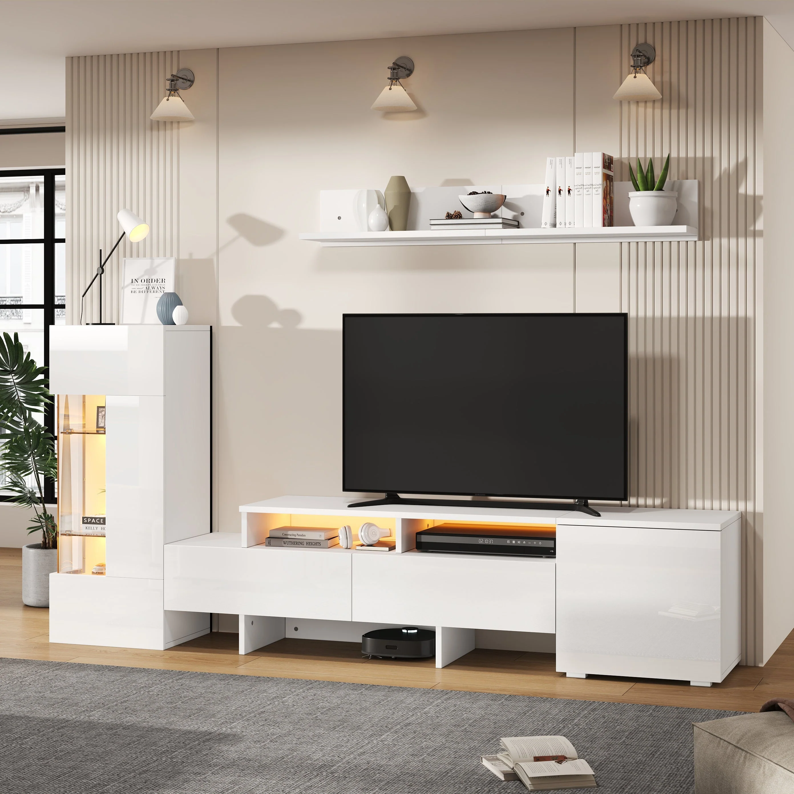 3-Piece TV Wall Unit Set High-Gloss LED Modern Wall-Mounted White - Image 3
