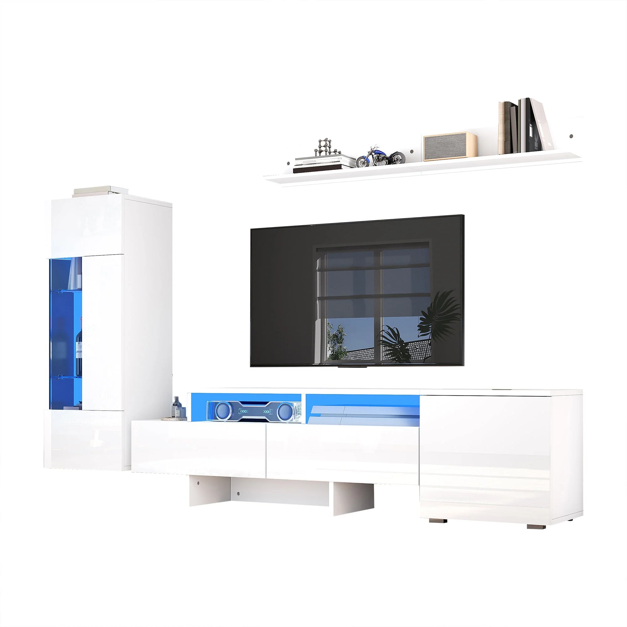 3-Piece TV Wall Unit Set High-Gloss LED Modern Wall-Mounted White - Image 5