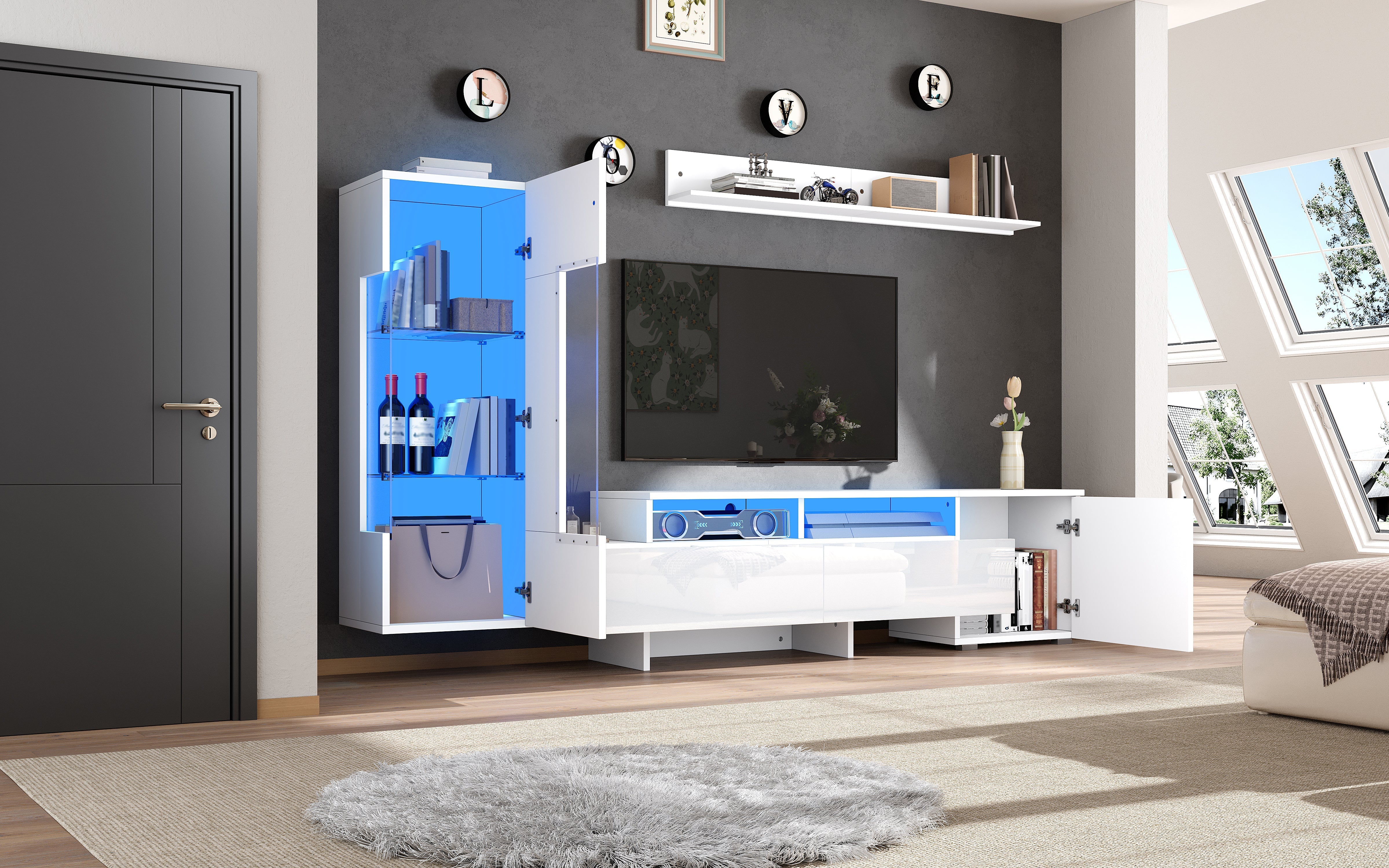 3-Piece TV Wall Unit Set High-Gloss LED Modern Wall-Mounted White - Image 7