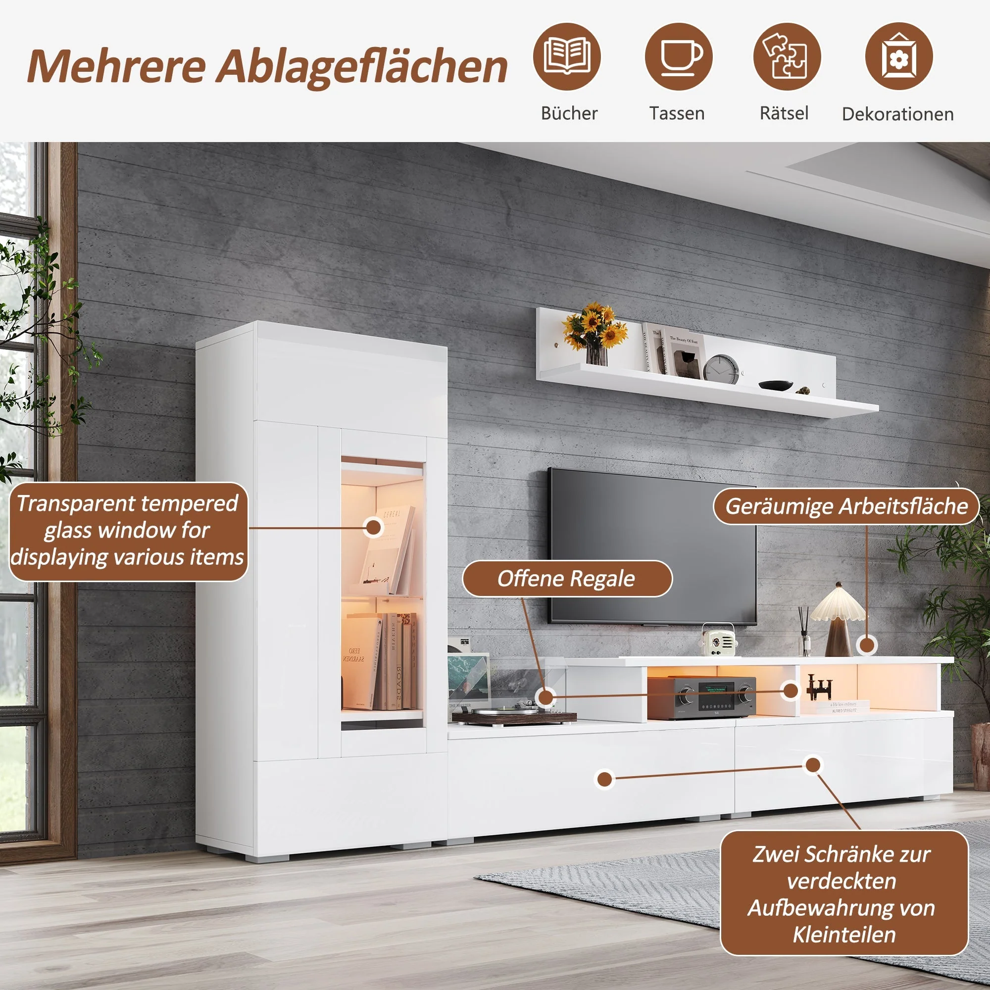 3-Piece TV Wall Unit Set with LED Lighting and High-Gloss Finish, White - Image 10