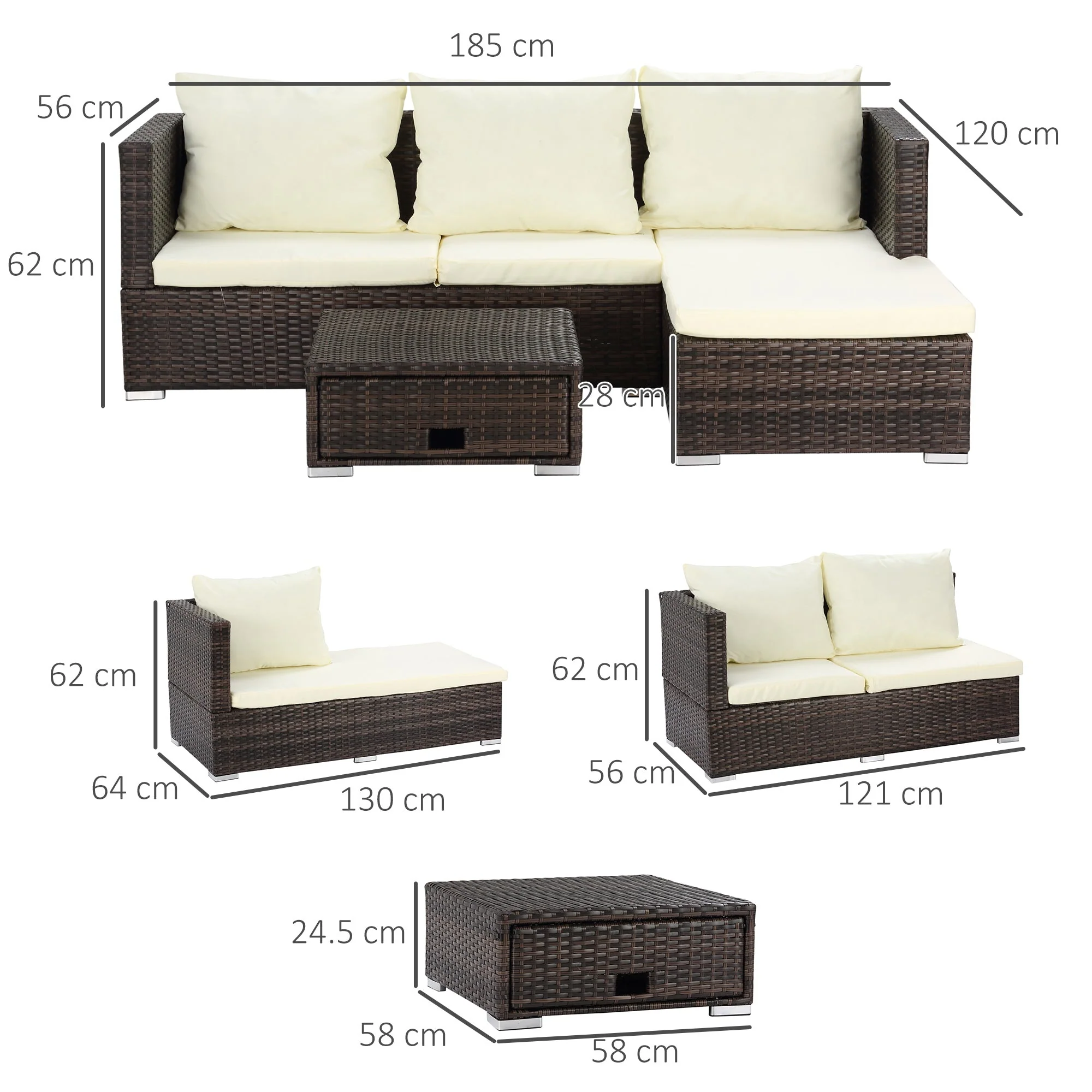 3 Pieces Garden Sofa Set, 4 Seater Corner Sofa with Reclining Sun Lounger & Storage Table, Brown Rattan - Image 3