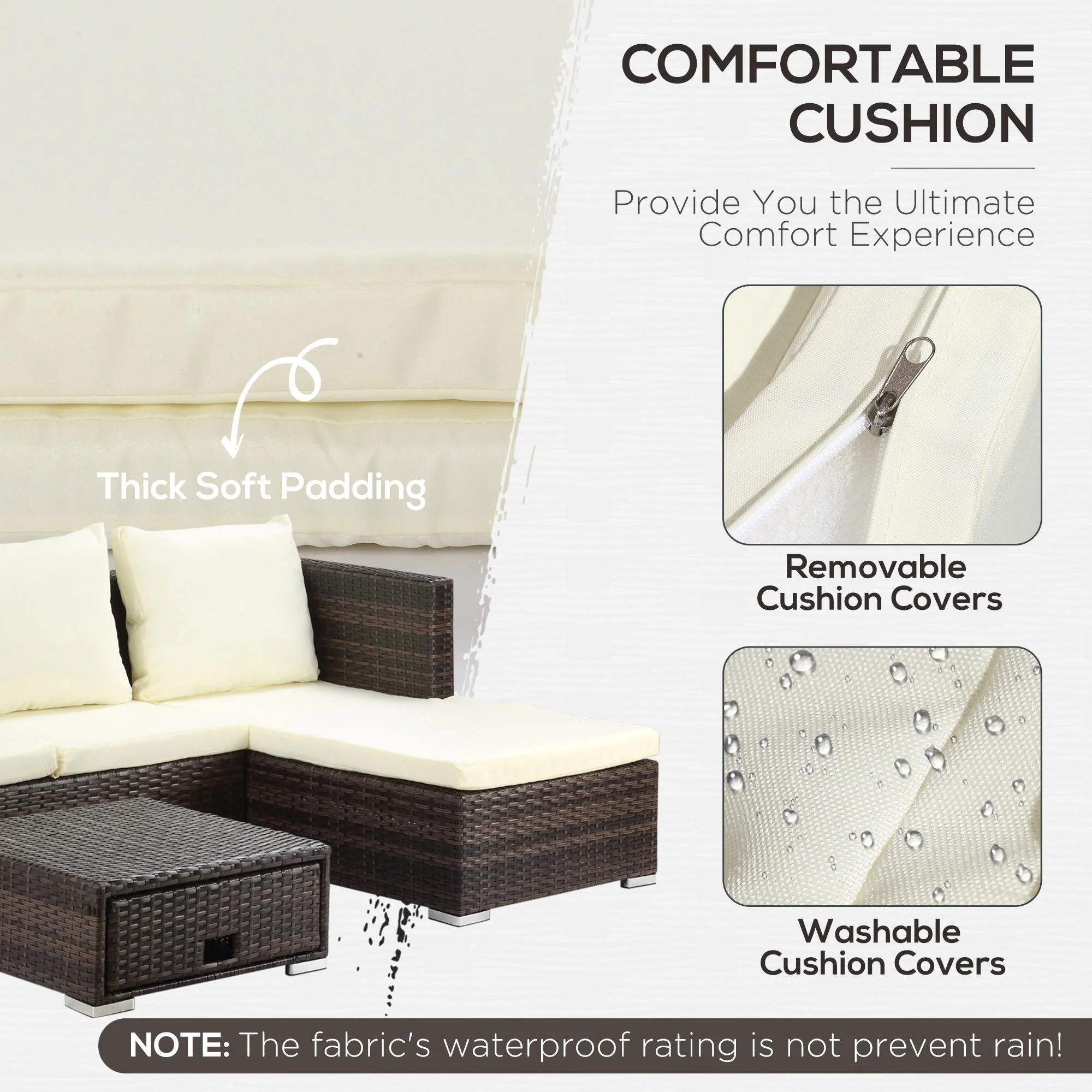 3 Pieces Garden Sofa Set, 4 Seater Corner Sofa with Reclining Sun Lounger & Storage Table, Brown Rattan - Image 5
