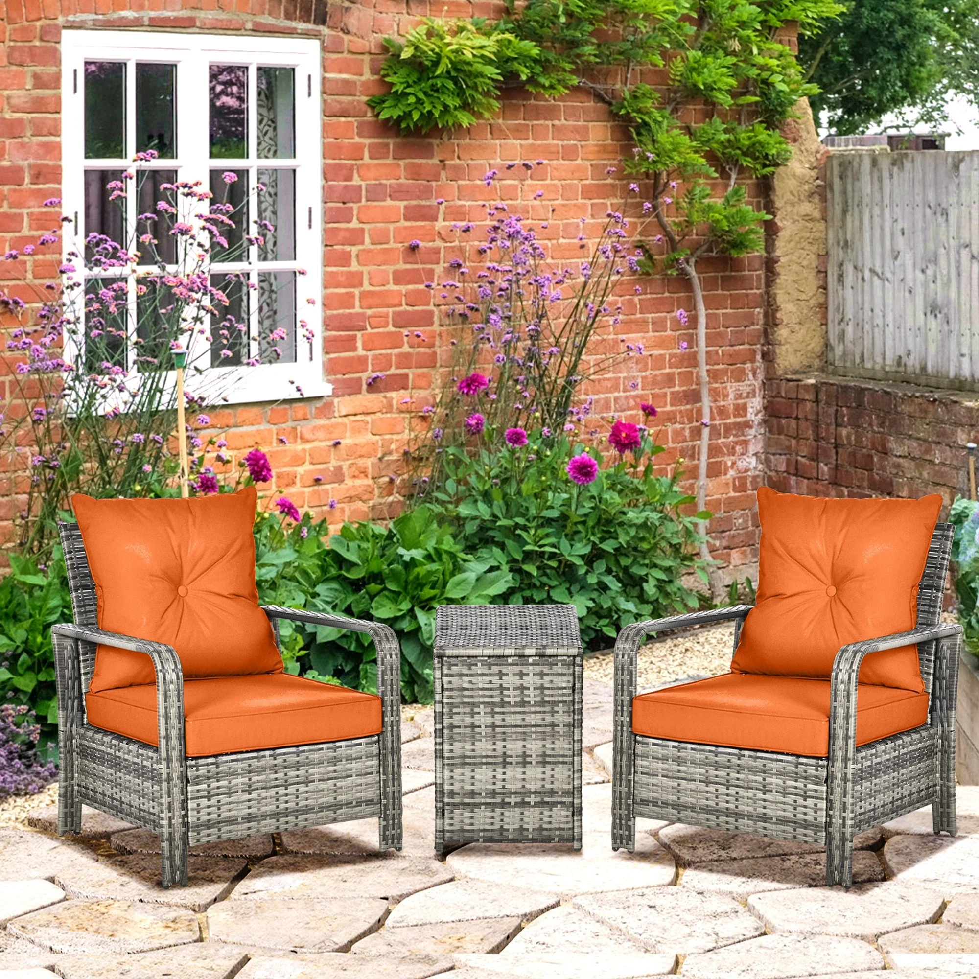3 Pieces Rattan Bistro Set with Storage Coffee Table and Chairs, Orange