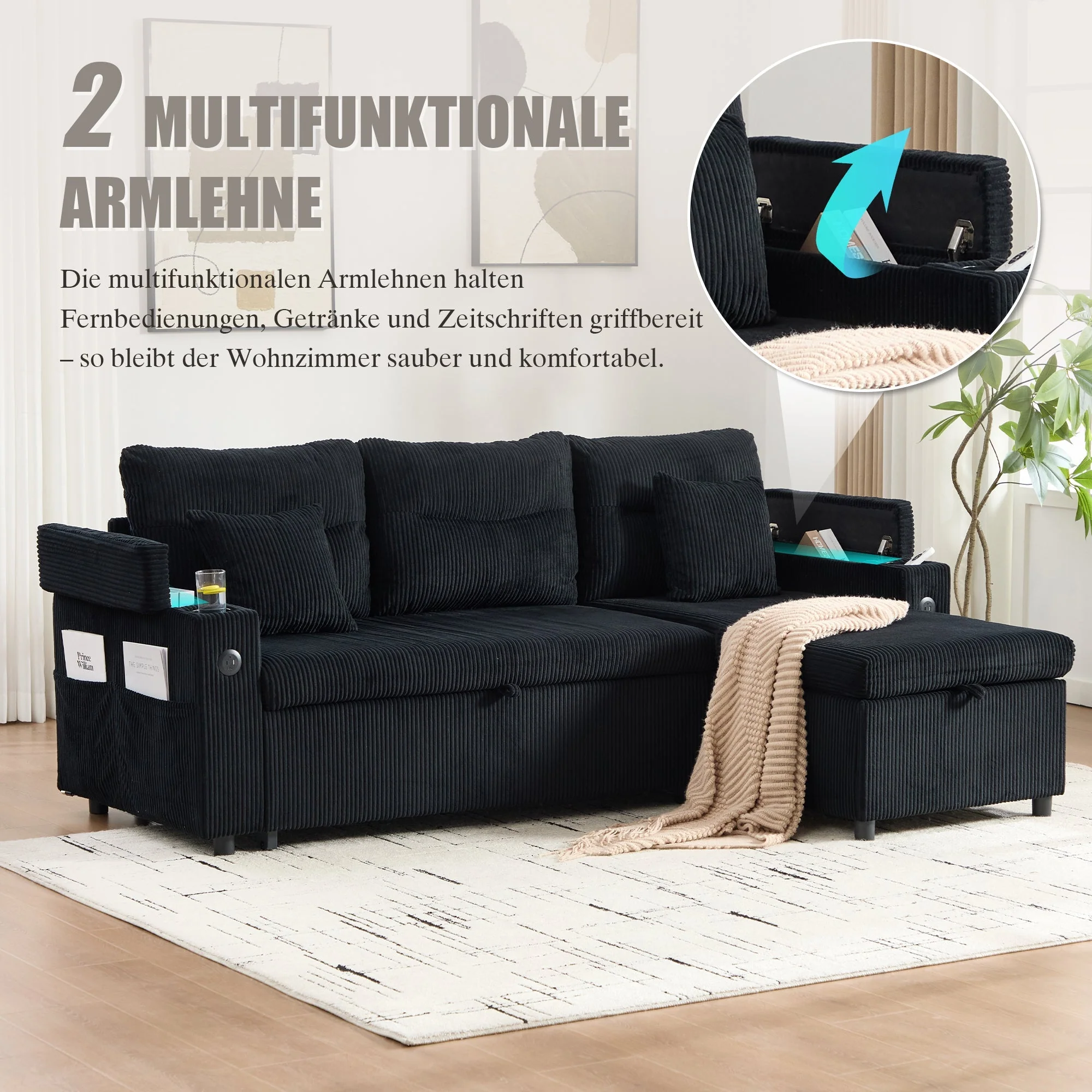 3-Seater Corduroy Sofa Sleeper Hydraulic Chaise Storage Cup Holders USB-C Corduroy - Image 5