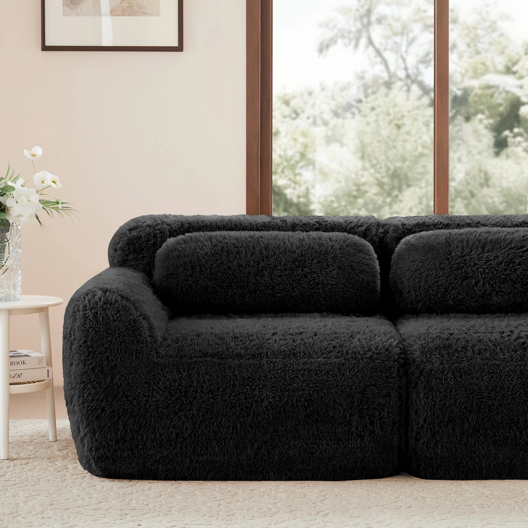 3-Seater Deep Sofa Modular Plush Fabric - Black - Image 9
