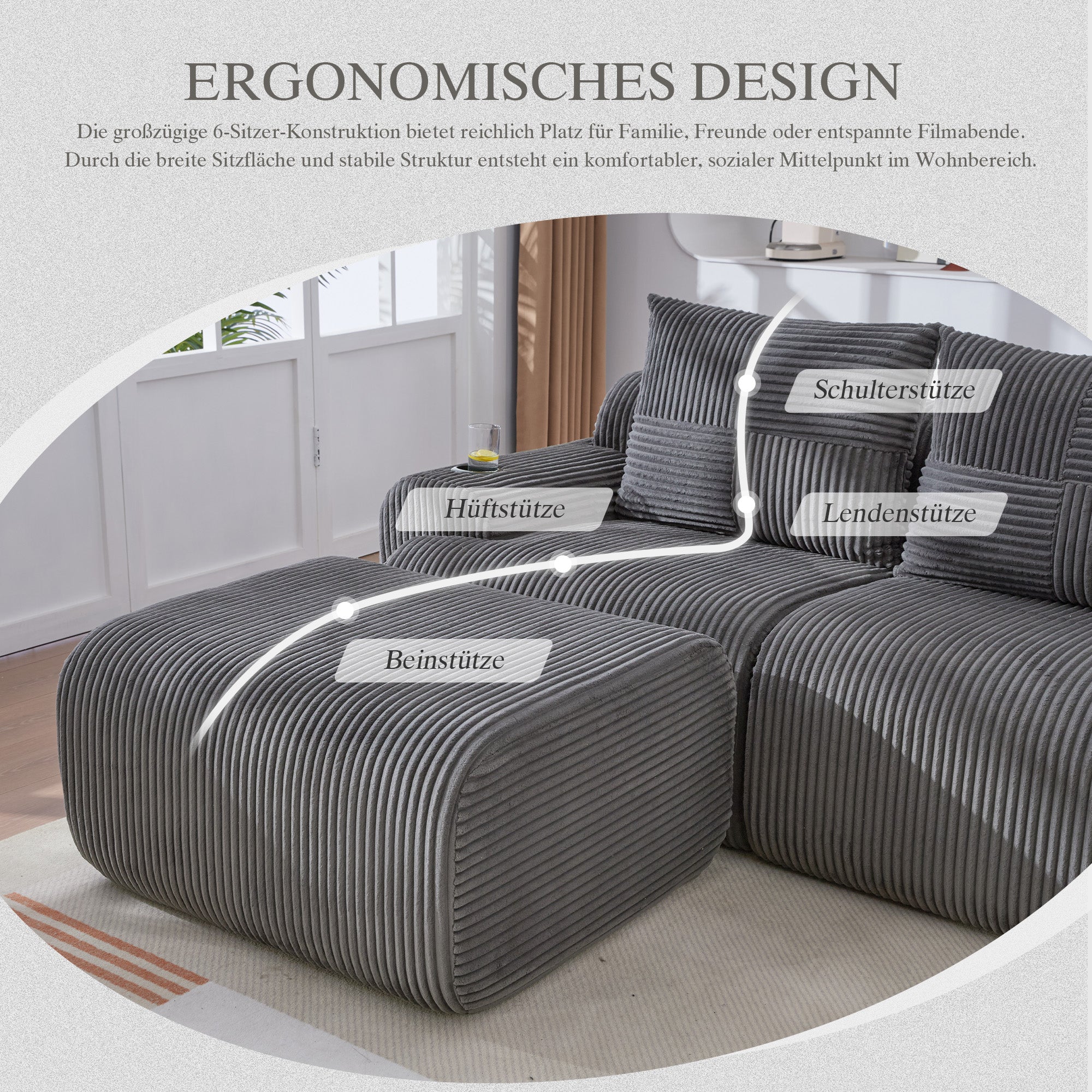 3-Seater Modular Corduroy Sofa with Ottomans, Cup Holders and Storage, Dark Grey - Image 3