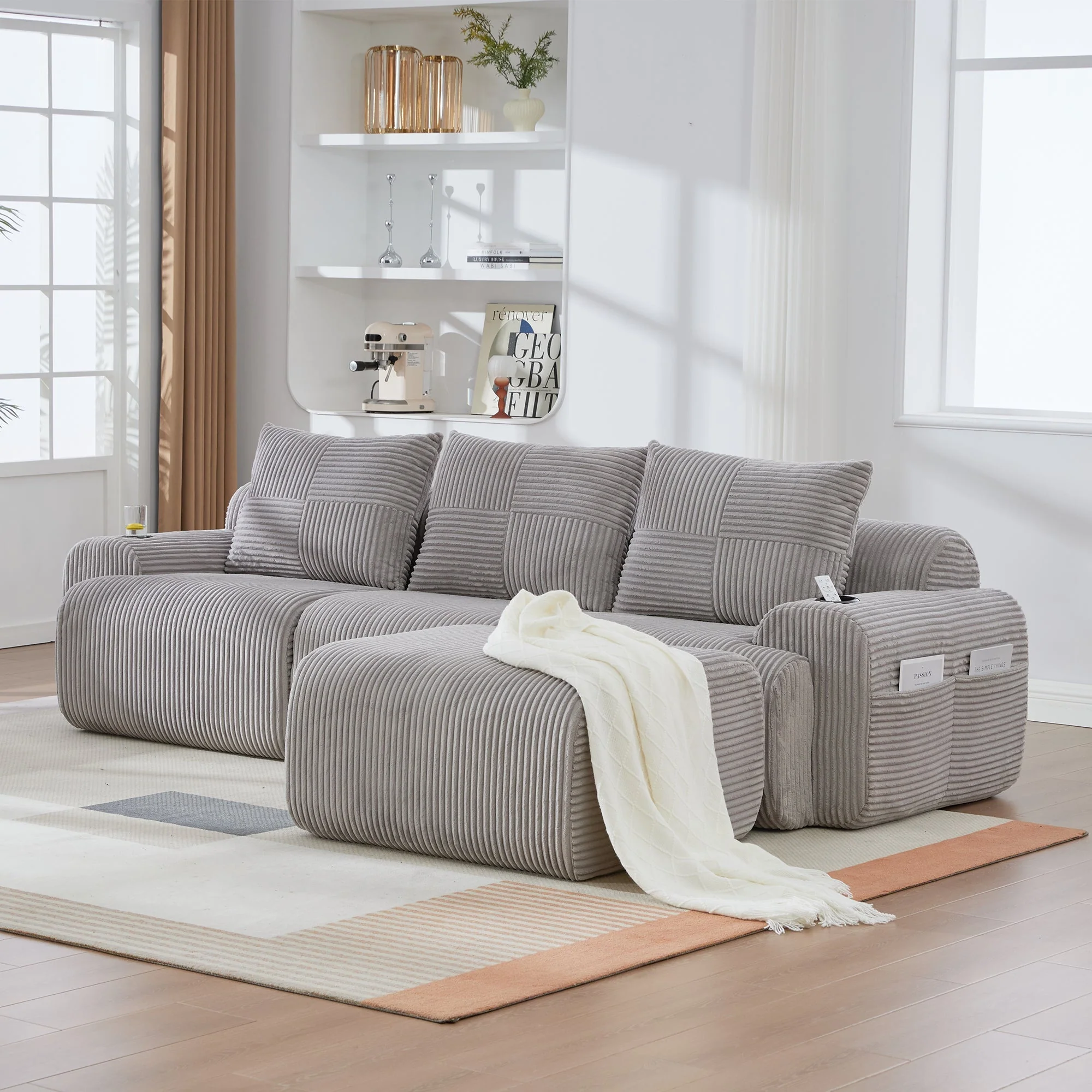 3-Seater Modular Corduroy Sofa with Ottomans, Cup Holders and Storage, Light Grey - Image 10