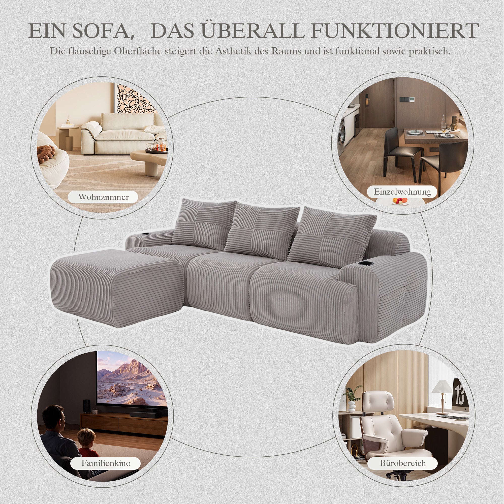 3-Seater Modular Corduroy Sofa with Ottomans, Cup Holders and Storage, Light Grey - Image 7