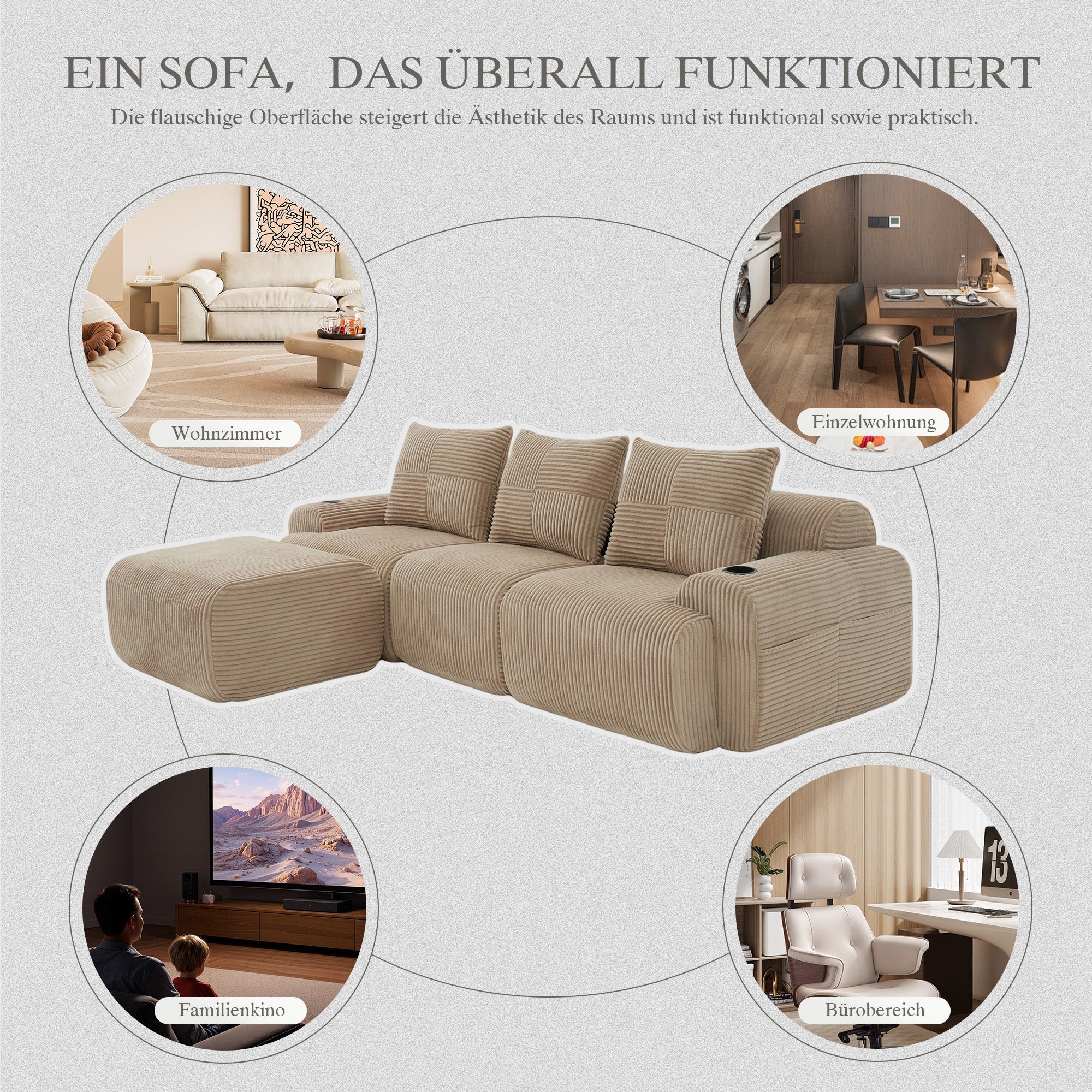 3-Seater Modular Sofa with Ottomans and Cup Holders, Khaki Corduroy - Image 7