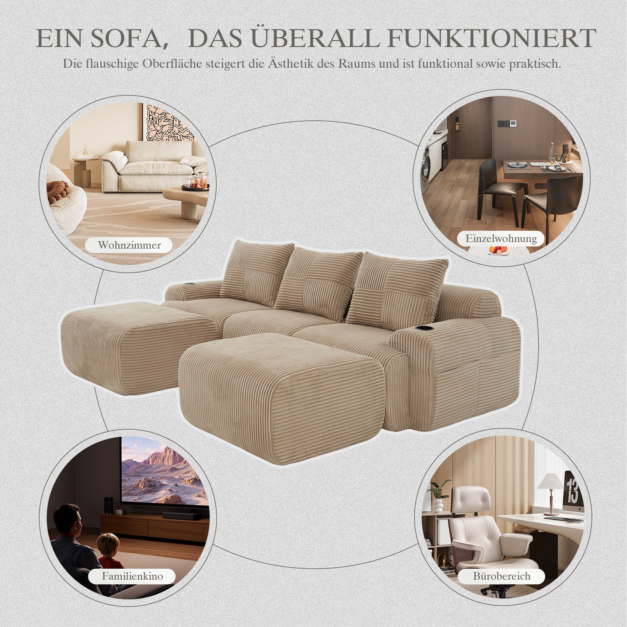 3-Seater Modular Sofa with Ottomans, Cup Holders and Side Pocket, Khaki Corduroy - Image 7
