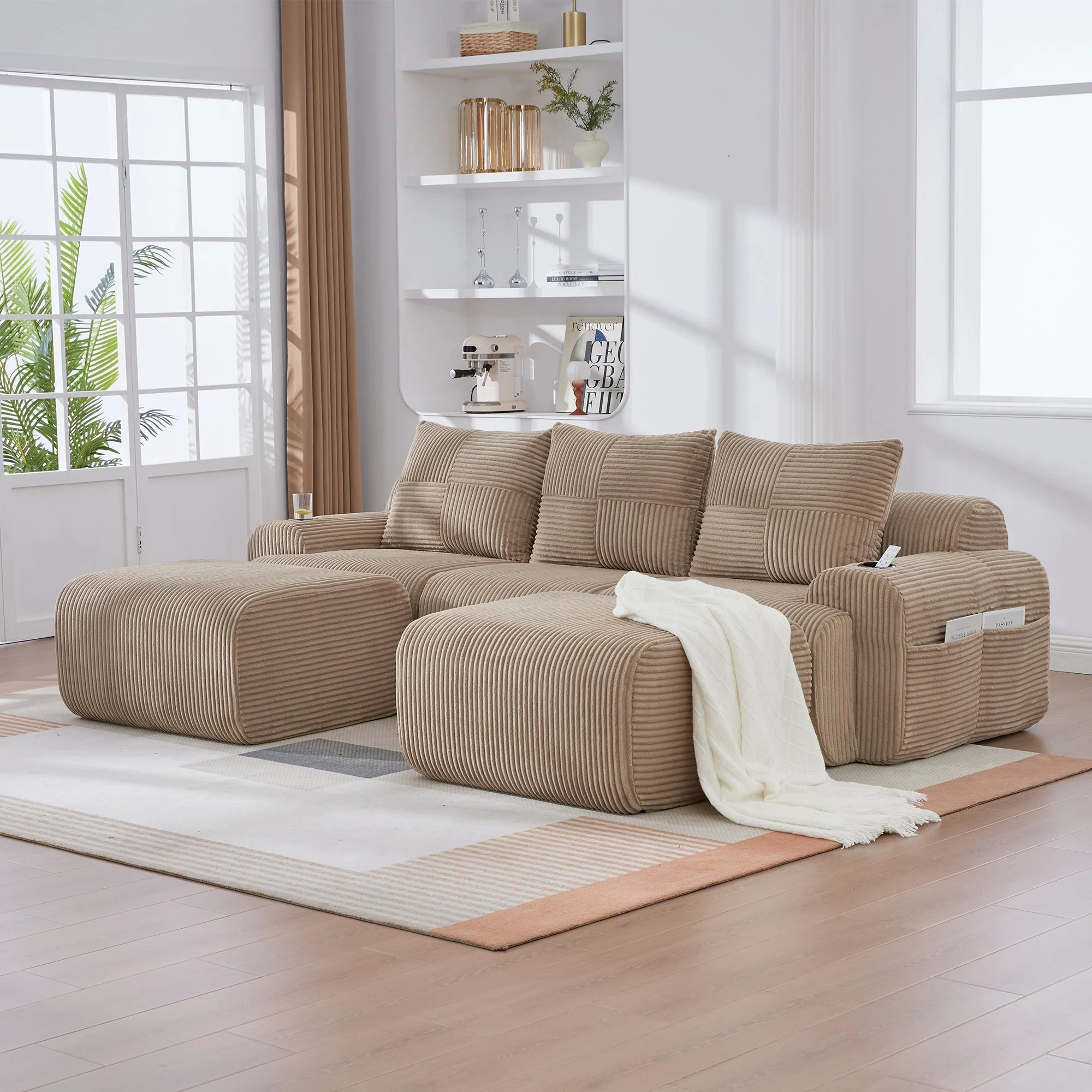 3-Seater Modular Sofa with Ottomans, Cup Holders and Side Pocket, Khaki Corduroy - Image 8