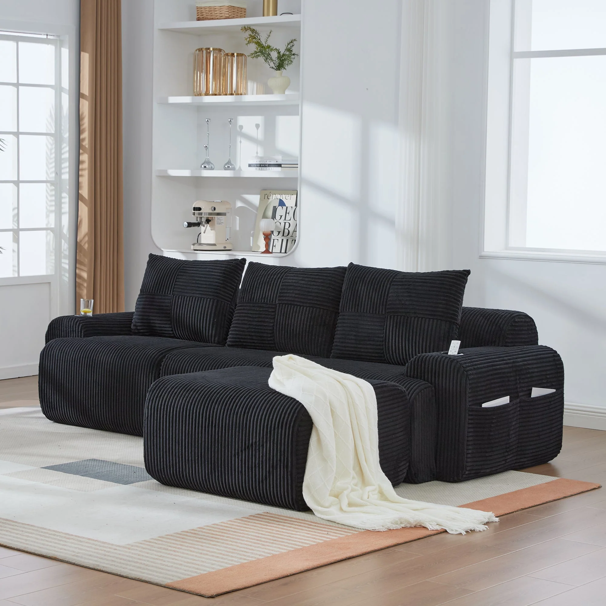 3-Seater Modular Sofa with Ottomans, Cup Holders and Storage, Black Corduroy - Image 10