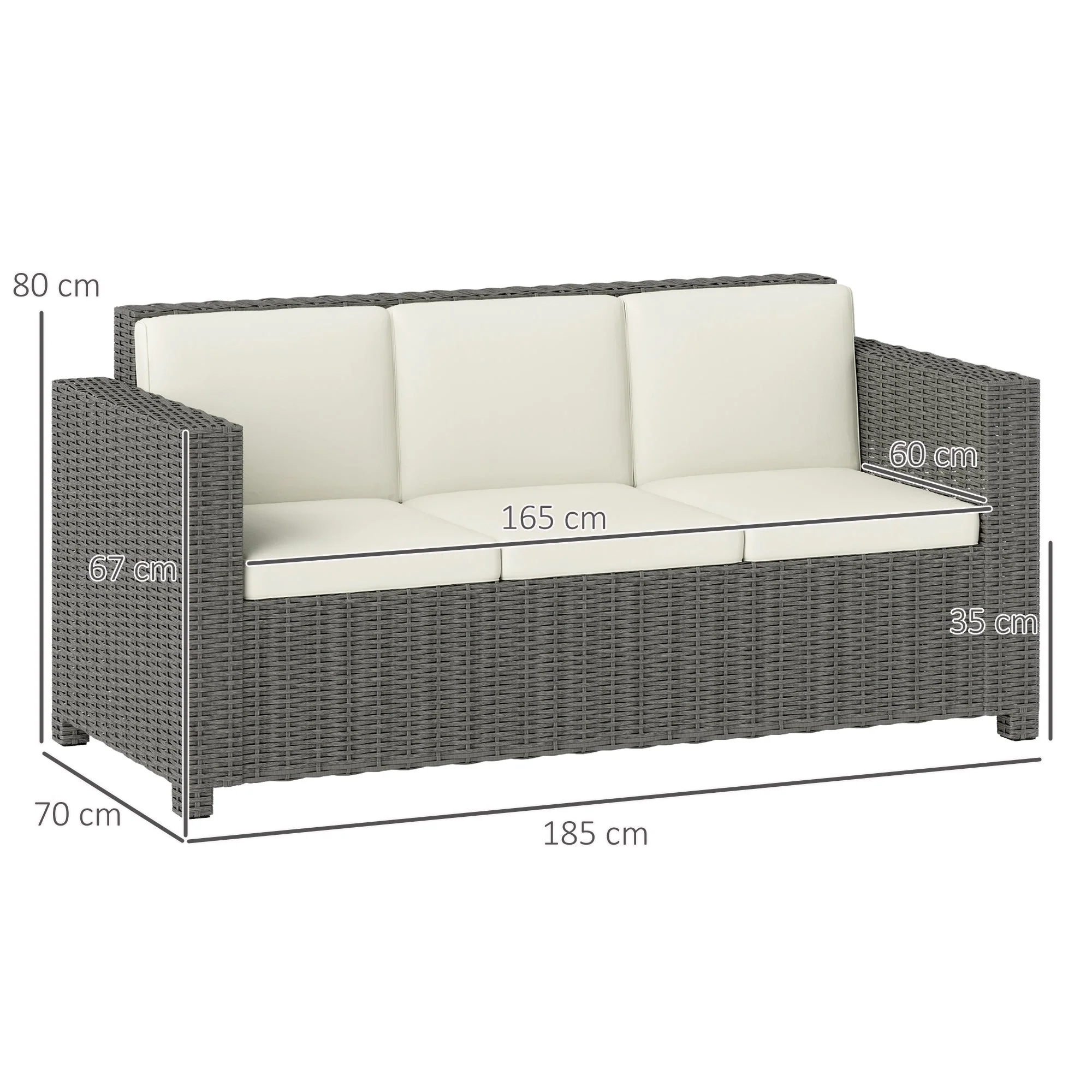3 Seater Rattan Sofa, All-Weather Wicker Metal Frame with Fire Resistant Cushion, Cream - Image 4
