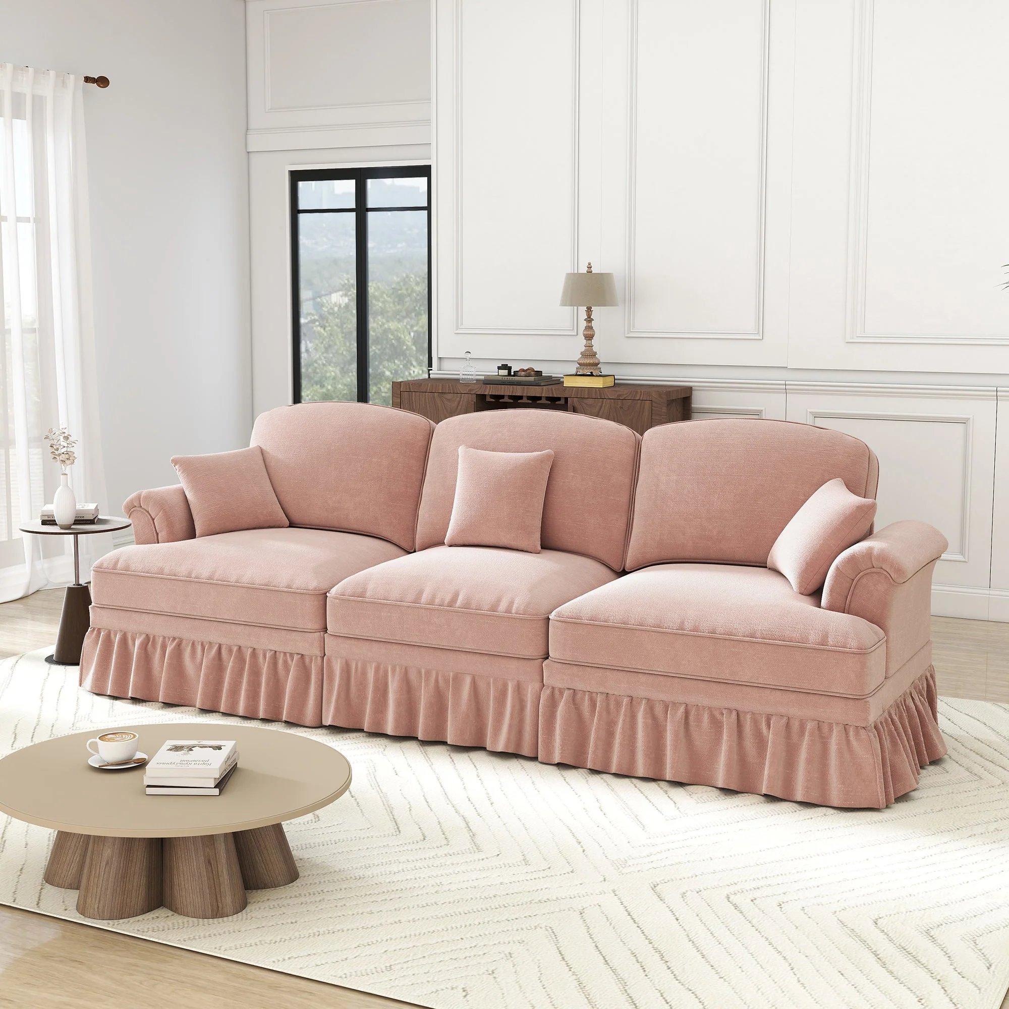 3-Seater Sofa Mid-Century Ruffled Apron Spindly Legs - Chenille Pink - Image 2