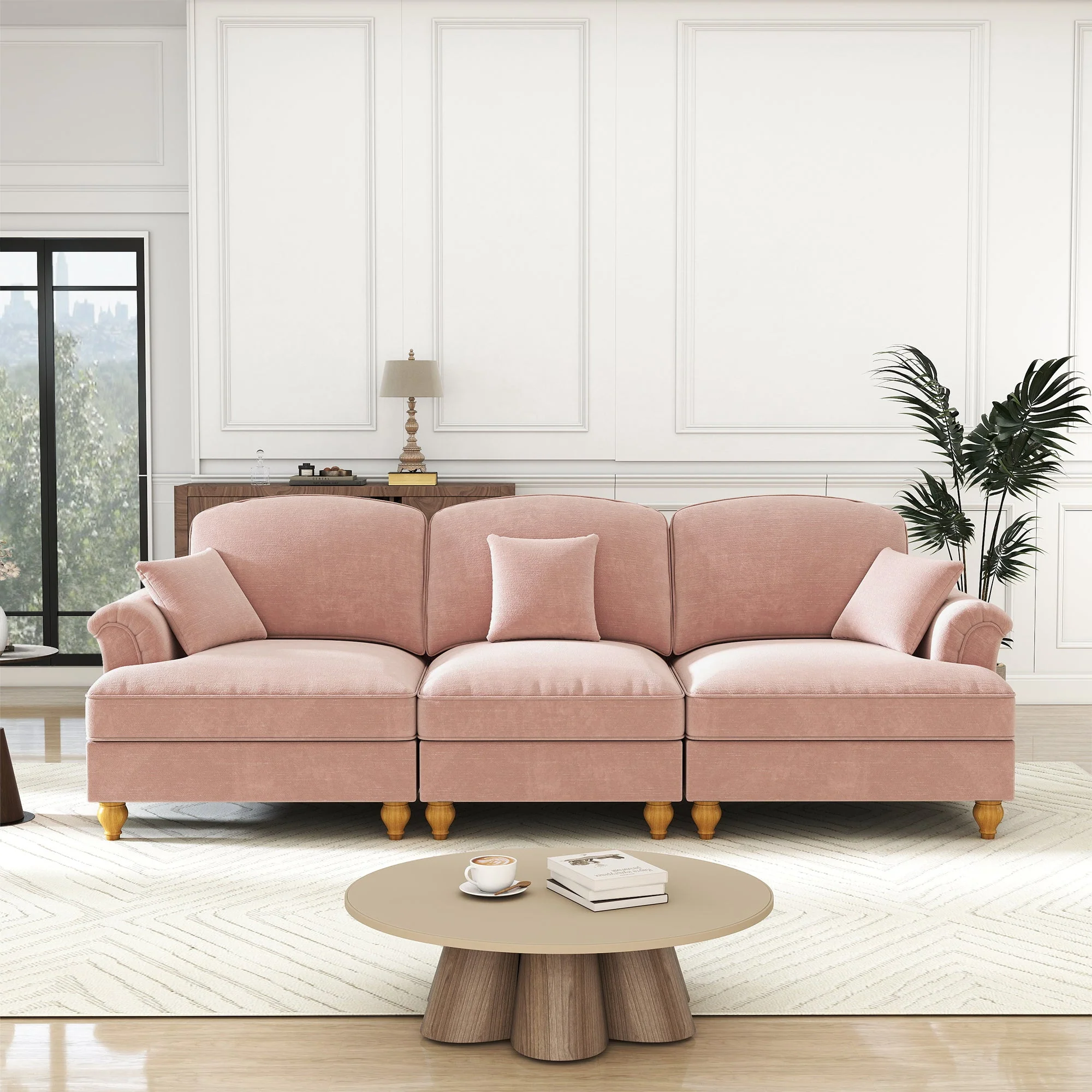 3-Seater Sofa Mid-Century Ruffled Apron Spindly Legs - Chenille Pink - Image 3