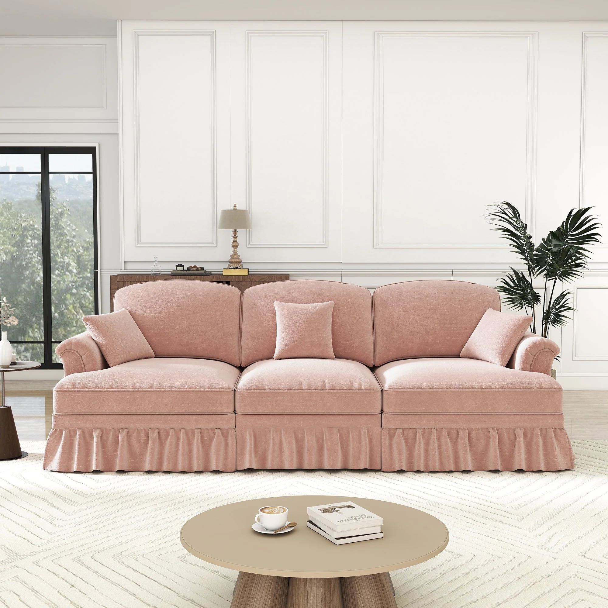 3-Seater Sofa Mid-Century Ruffled Apron Spindly Legs - Chenille Pink - Image 4